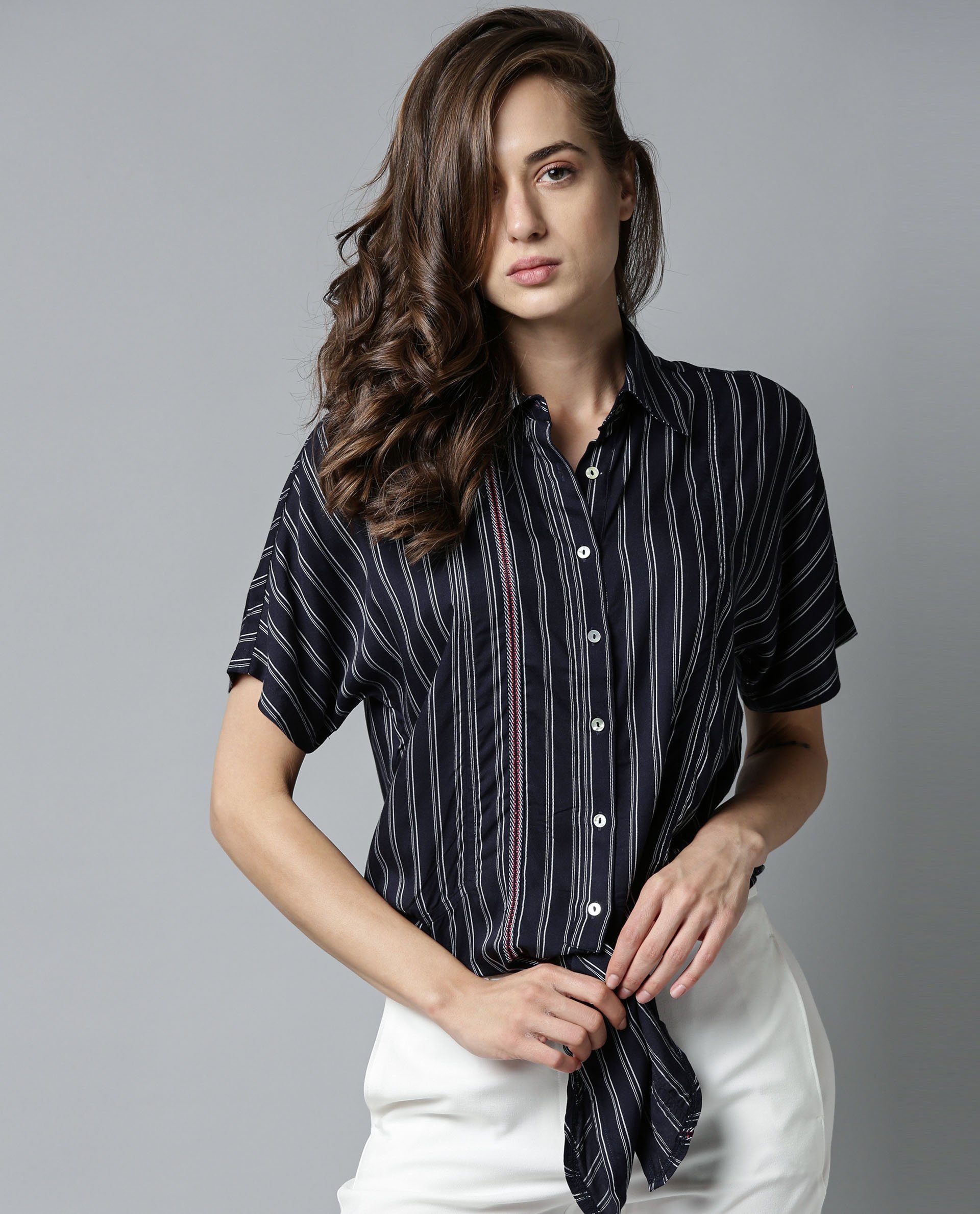 Rareism Womens Ciaga Navy Shirt Three Fourth Sleeve Band Collar