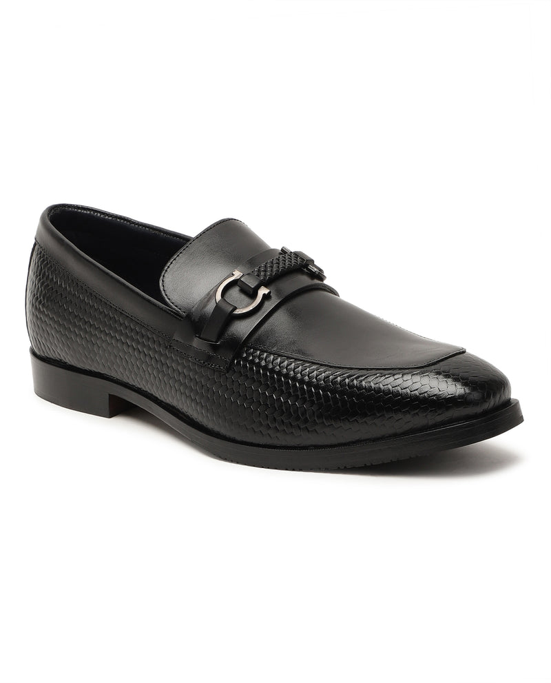 Rare Rabbit Men's Halton Black Premium Textured Metal Saddle Leather Loafers Shoes