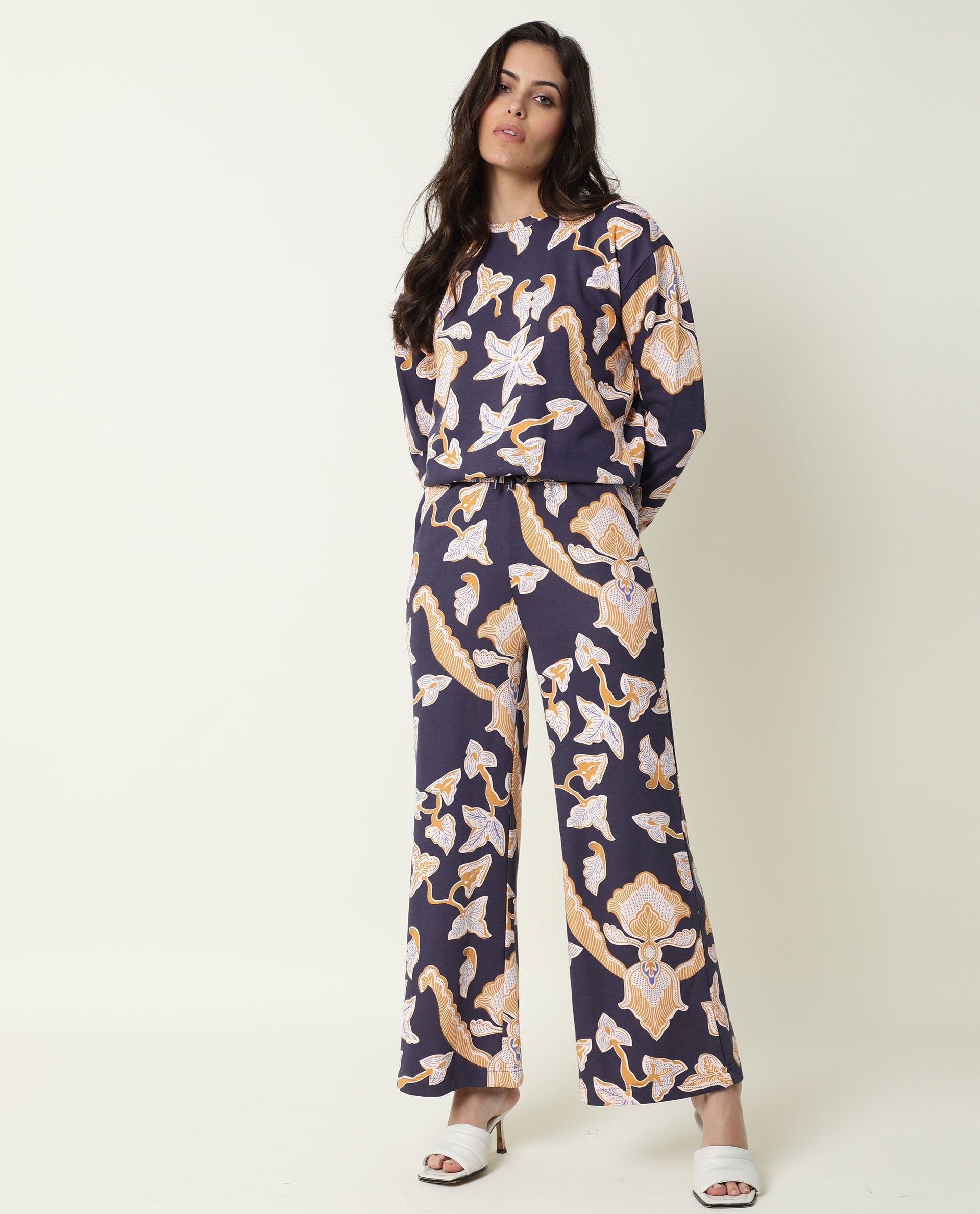 Rareism Women Bogota Navy Cotton Fabric Relaxed Fit Abstract Print Mid Rise Ankle Length Track Pant