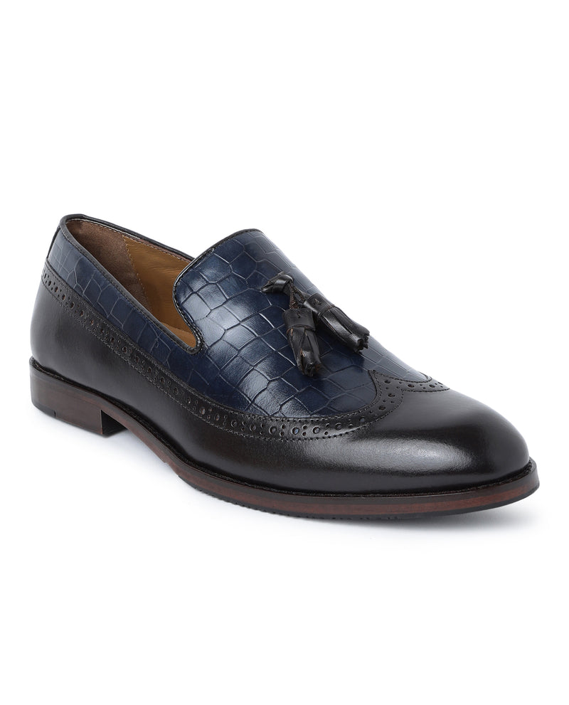 Rare Rabbit Men's Loyang Navy Slip-On Style Brogues Tassel Crocs Plate Leather Loafers Shoes