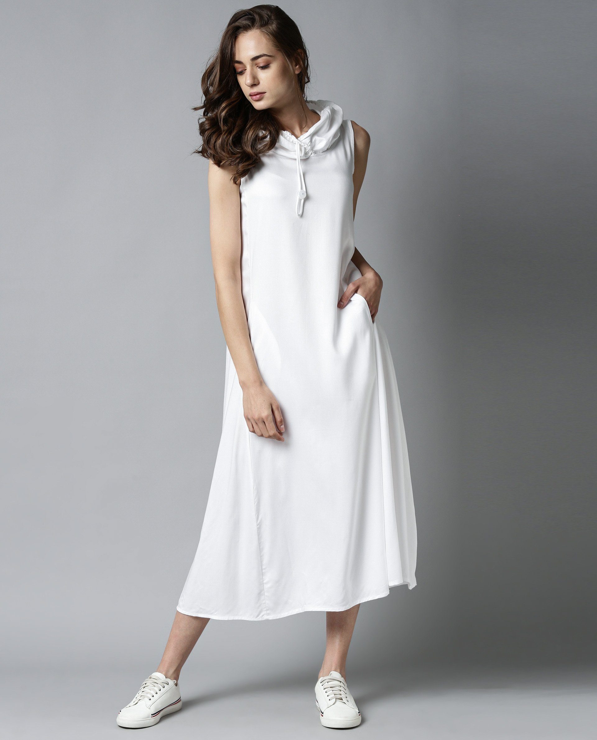 Rareism Womens Cruise White Dress Cotton Fabric Regular Fit Sleeveless Round Neck