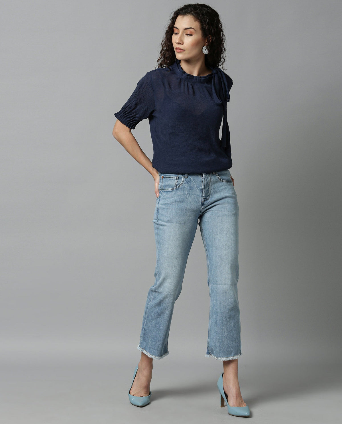 Rareism Women Sparrow Navy Top Short Sleeves