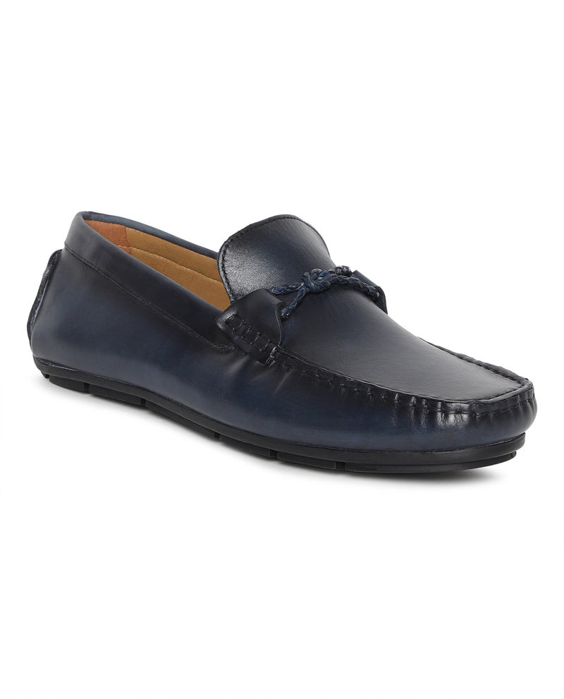 Rare Rabbit Men's Libson Navy Slip-On Style Hand Woven Saddle Leather Loafers Shoes
