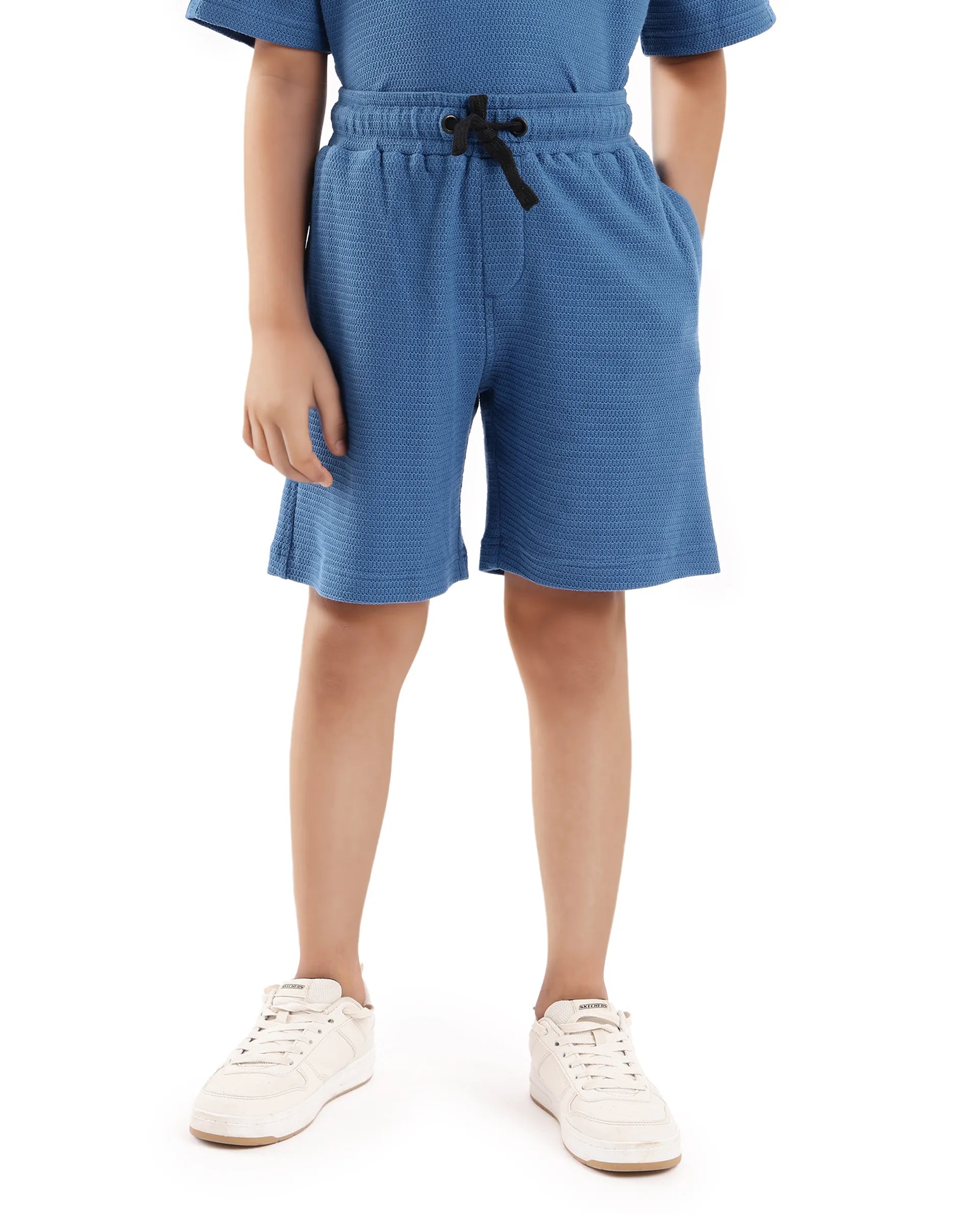 Rare Ones Kids Cole Teal Cotton Solid Drawstring Closure Textured Shorts