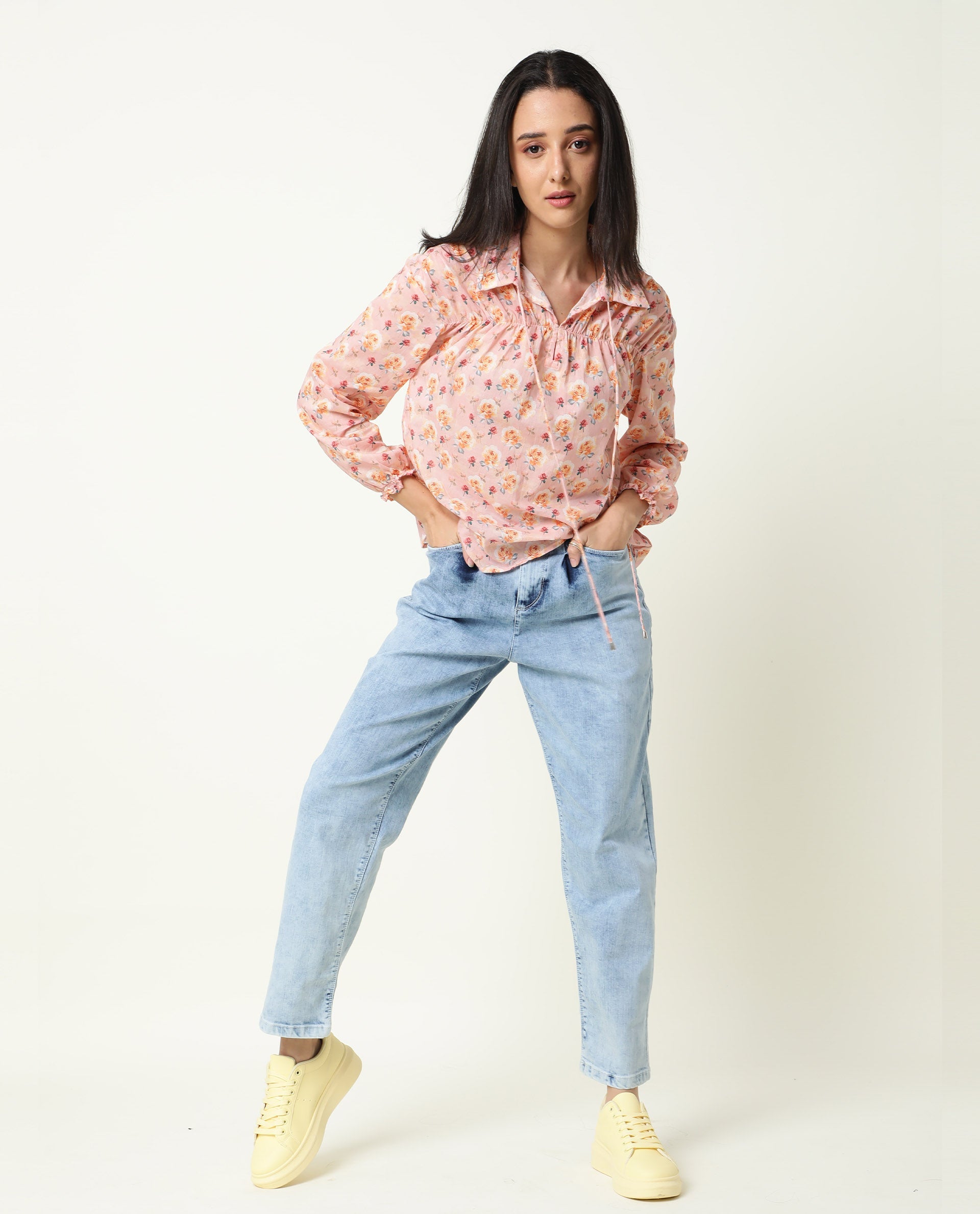 Rareism Women Joyce Pink Cotton Fabric Regular Fit Shirt Collar Full Sleeves Floral Print Top