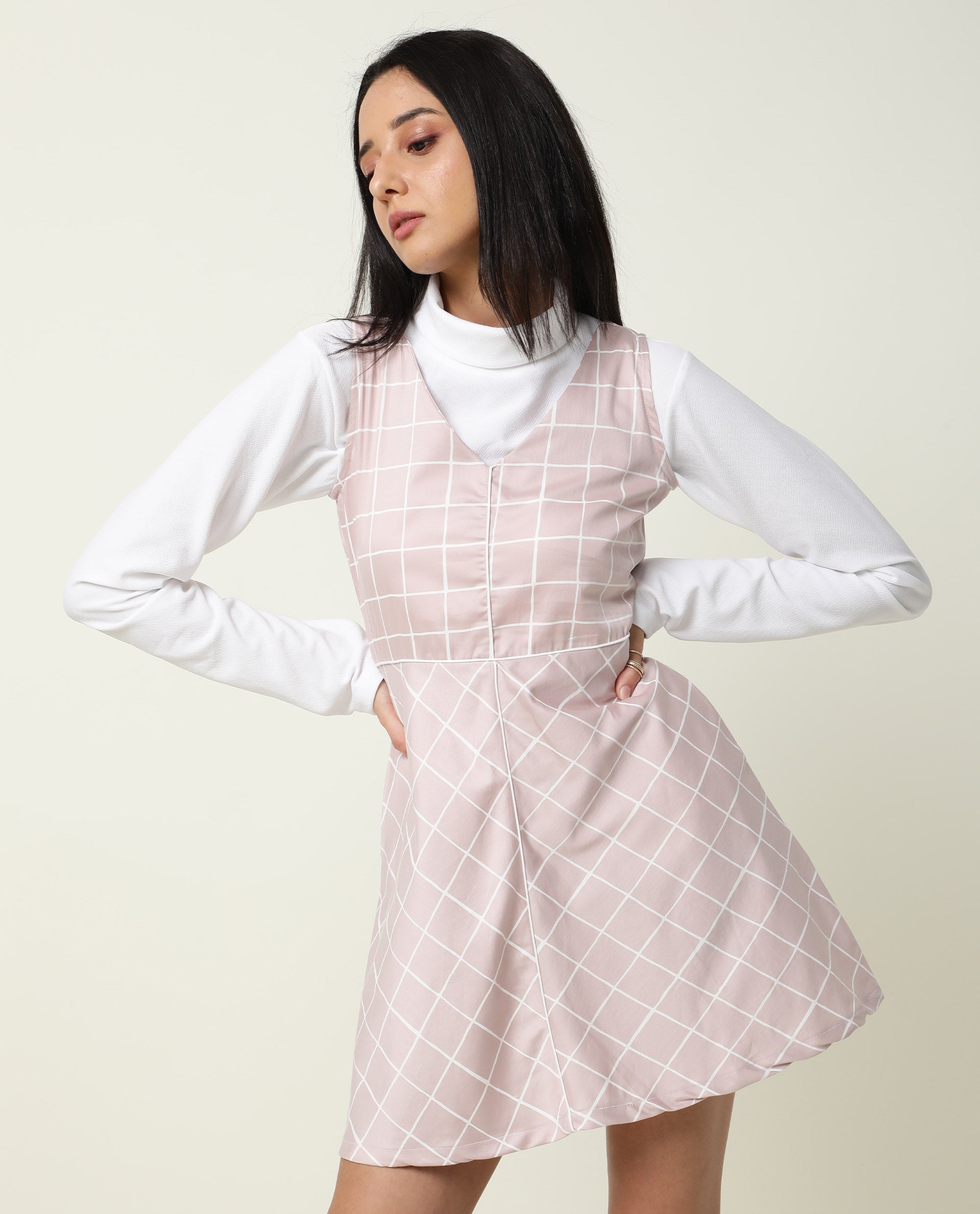 Rareism Women's Akal Pink Cotton Blend Fabric V-Neck Zipper Closure Sleeveless Checked  Mini Dress