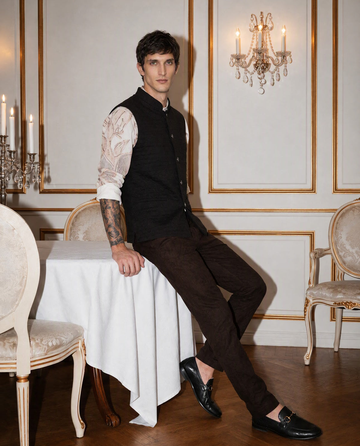 Rare Rabbit Men's Mitzi Dark Maroon Polyester Blend Jacquard Tailored Fit Sleeveless Mandarin Collar Bandhgala Rare Rabbit Men's Lasmos-B1 Beige Viscose Embroidered Regular Fit Sleeveless Mandarin Collar Bandhgala Nehru Jacket