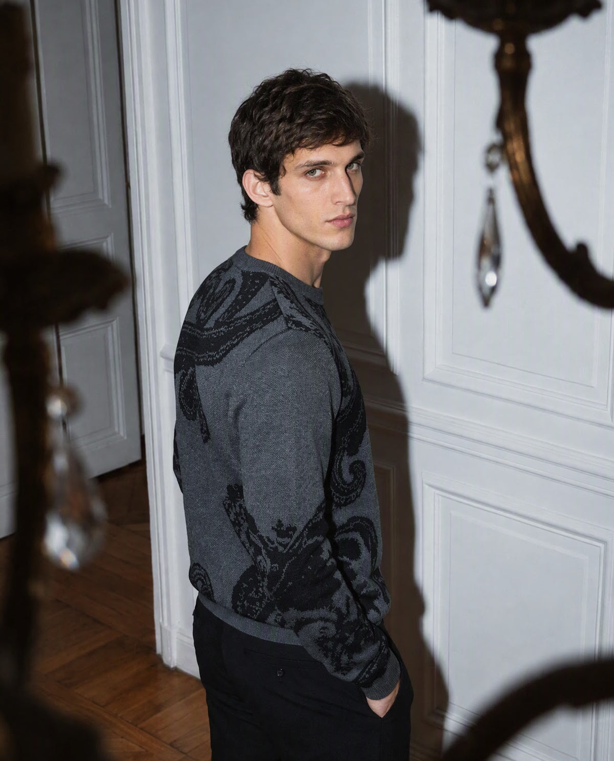 Rare Rabbit Men's Zuri Grey Cotton Jacquard Regular Fit Full Sleeve Crew Neck Sweater