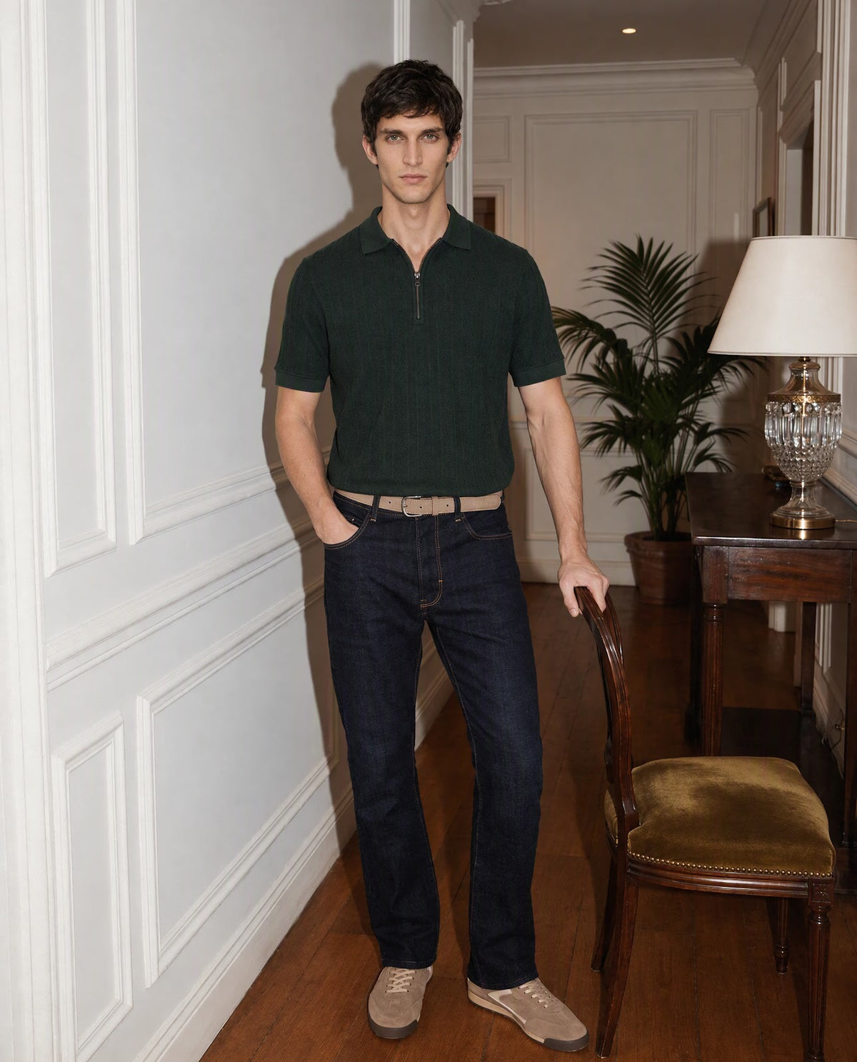 Rare Rabbit Men's Doom Dark Green Polyester Blend Spread Collar Zipper Regular Jacquard Polo
