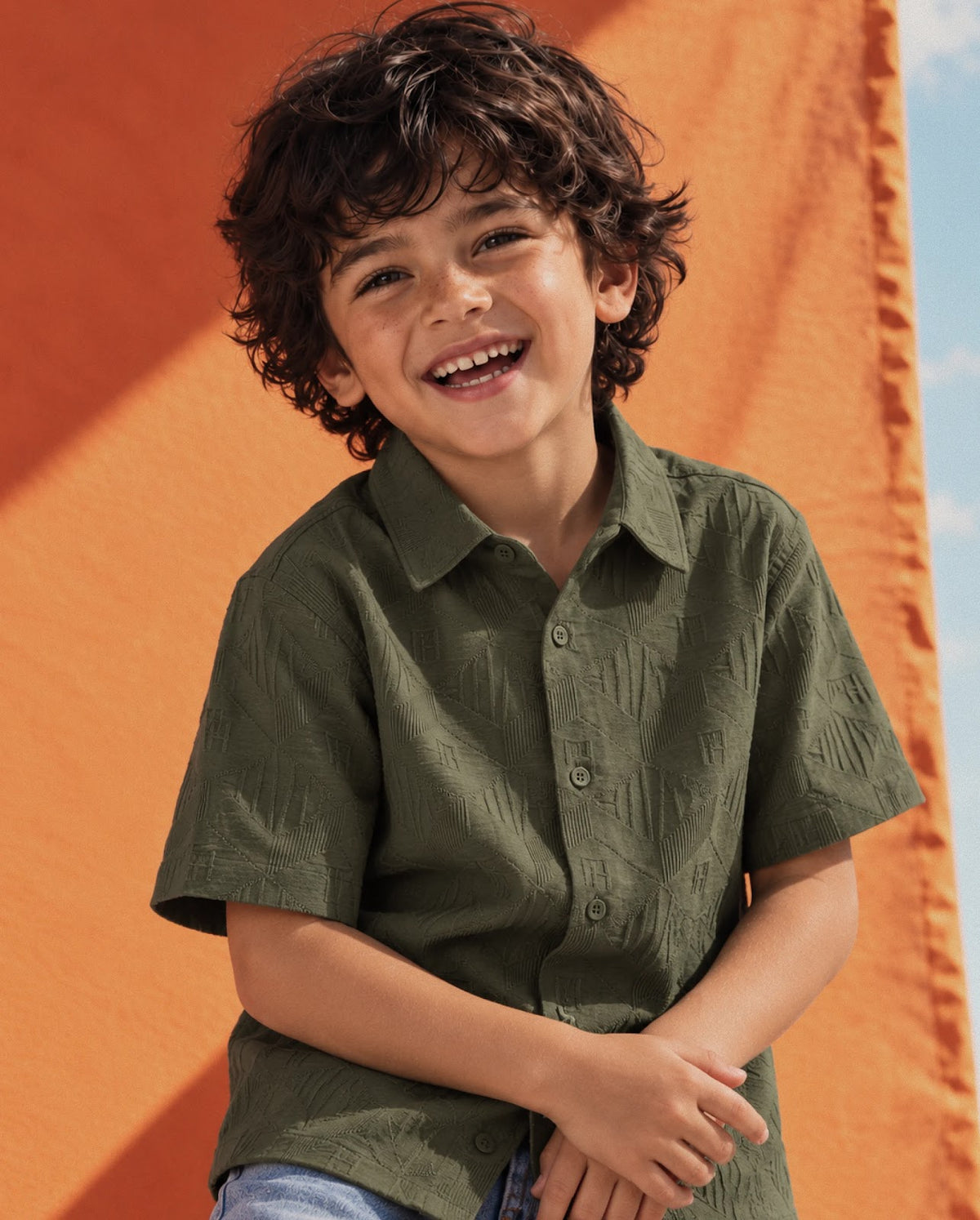 Rare Ones Kids Cubs-K Olive Cotton Fabric Button Closure Regular Fit Jacquard Shirt