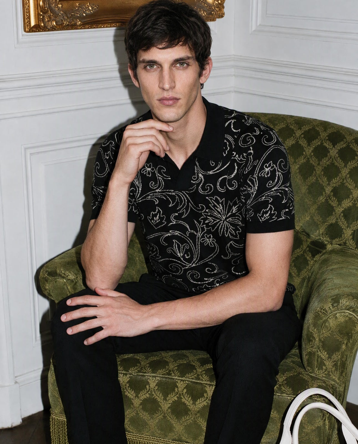 Rare Rabbit Men's Etao Black Cotton Blend Jonny Collar Regular Jacquard Polo