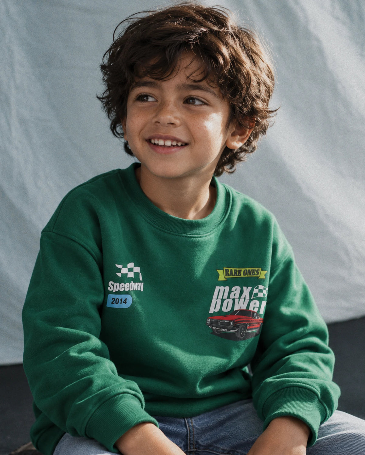 Rare Ones Kids Benny Dark Green Cotton Blend Fabric Crew Neck Pull-On Closure Oversized Fit Hd Print Sweatshirt
