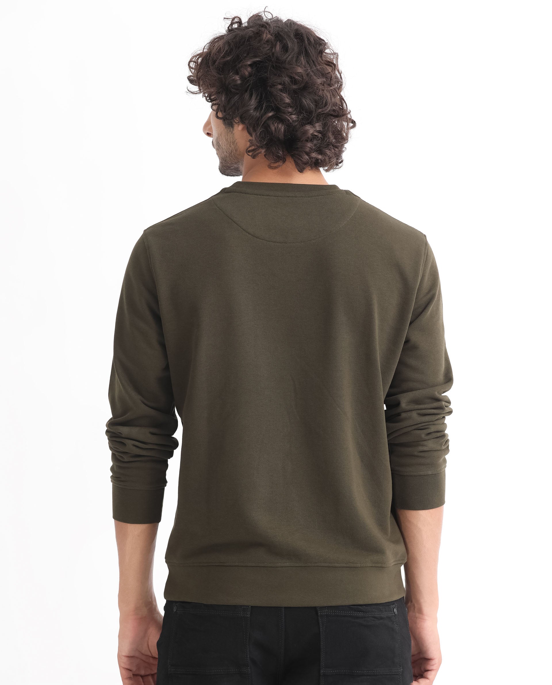 Rare Rabbit Men's Dunsto Olive Cotton Polyester Fabric Full Sleeves Graphic Print Knitted Sweatshirt