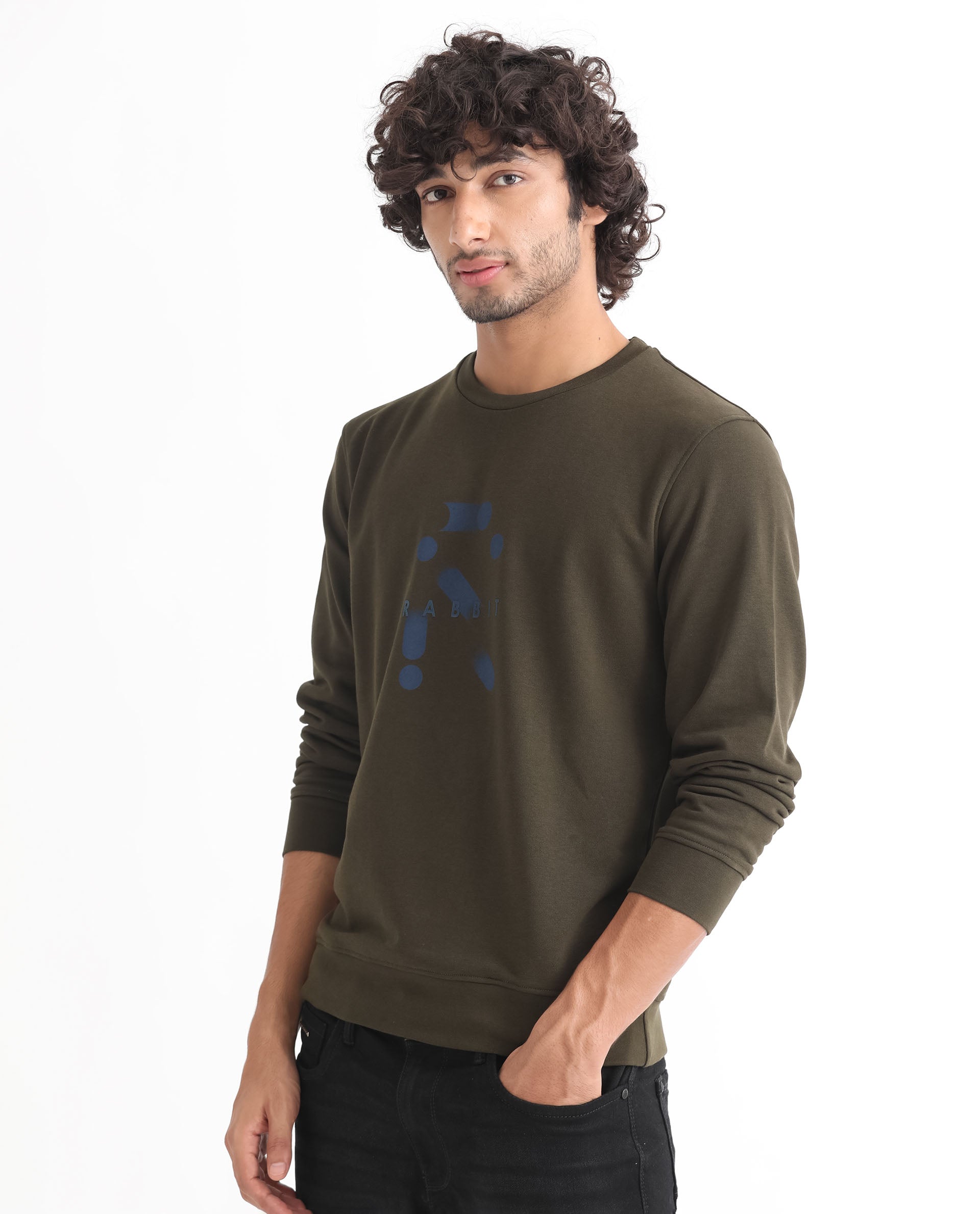 Rare Rabbit Men's Dunsto Olive Cotton Polyester Fabric Full Sleeves Graphic Print Knitted Sweatshirt