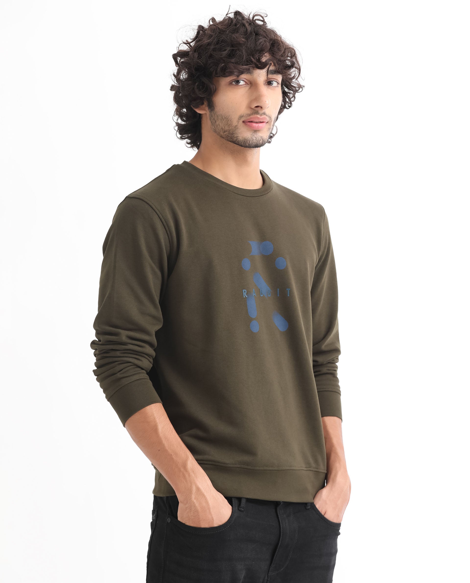 Rare Rabbit Men's Dunsto Olive Cotton Polyester Fabric Full Sleeves Graphic Print Knitted Sweatshirt