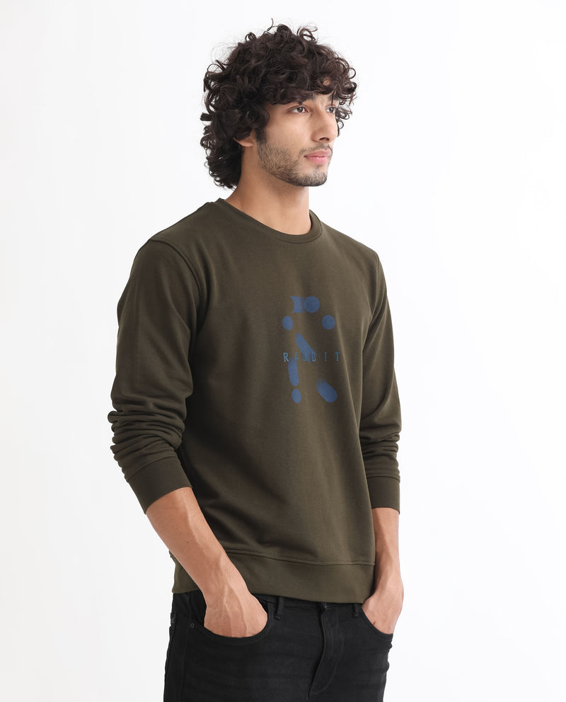 Rare Rabbit Men's Dunsto Olive Cotton Polyester Fabric Full Sleeves Graphic Print Knitted Sweatshirt