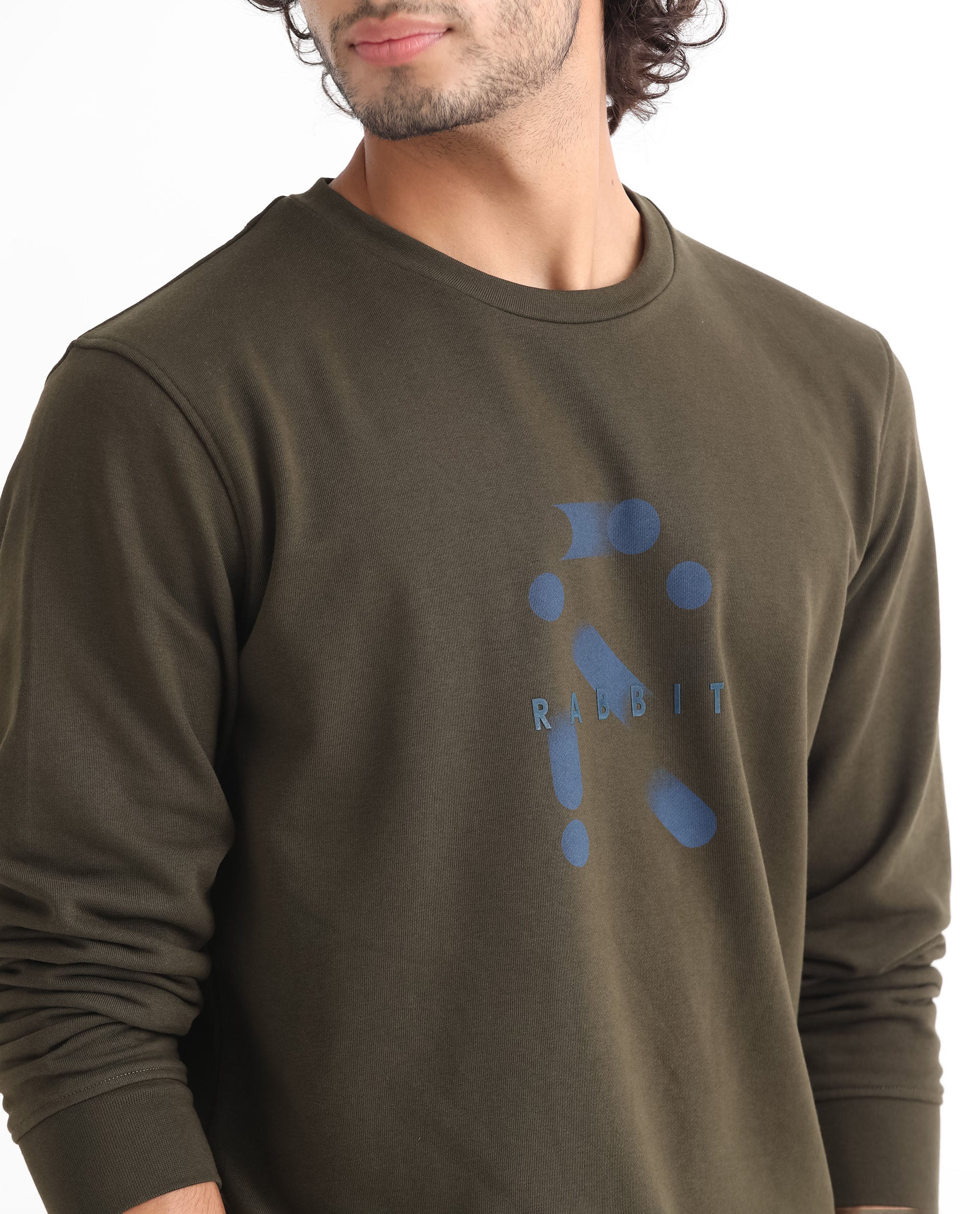 Rare Rabbit Men's Dunsto Olive Cotton Polyester Fabric Full Sleeves Graphic Print Knitted Sweatshirt