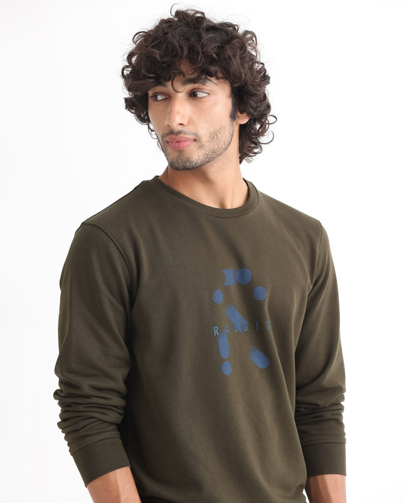 Rare Rabbit Men's Dunsto Olive Cotton Polyester Fabric Full Sleeves Graphic Print Knitted Sweatshirt