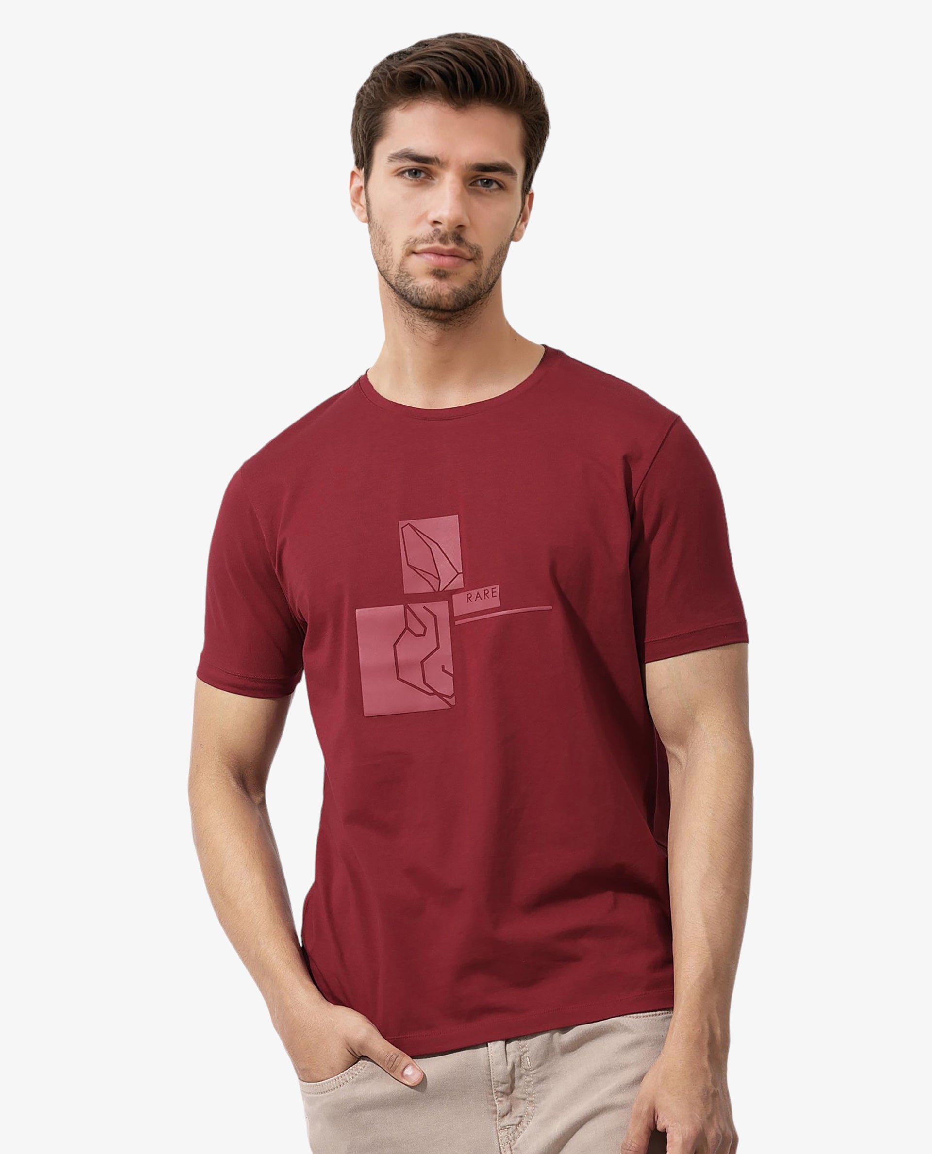 Rare Rabbit Mens Feine Red Cotton Lycra Fabric Short Sleeve Regular Fit Graphic Logo Print T-Shirt