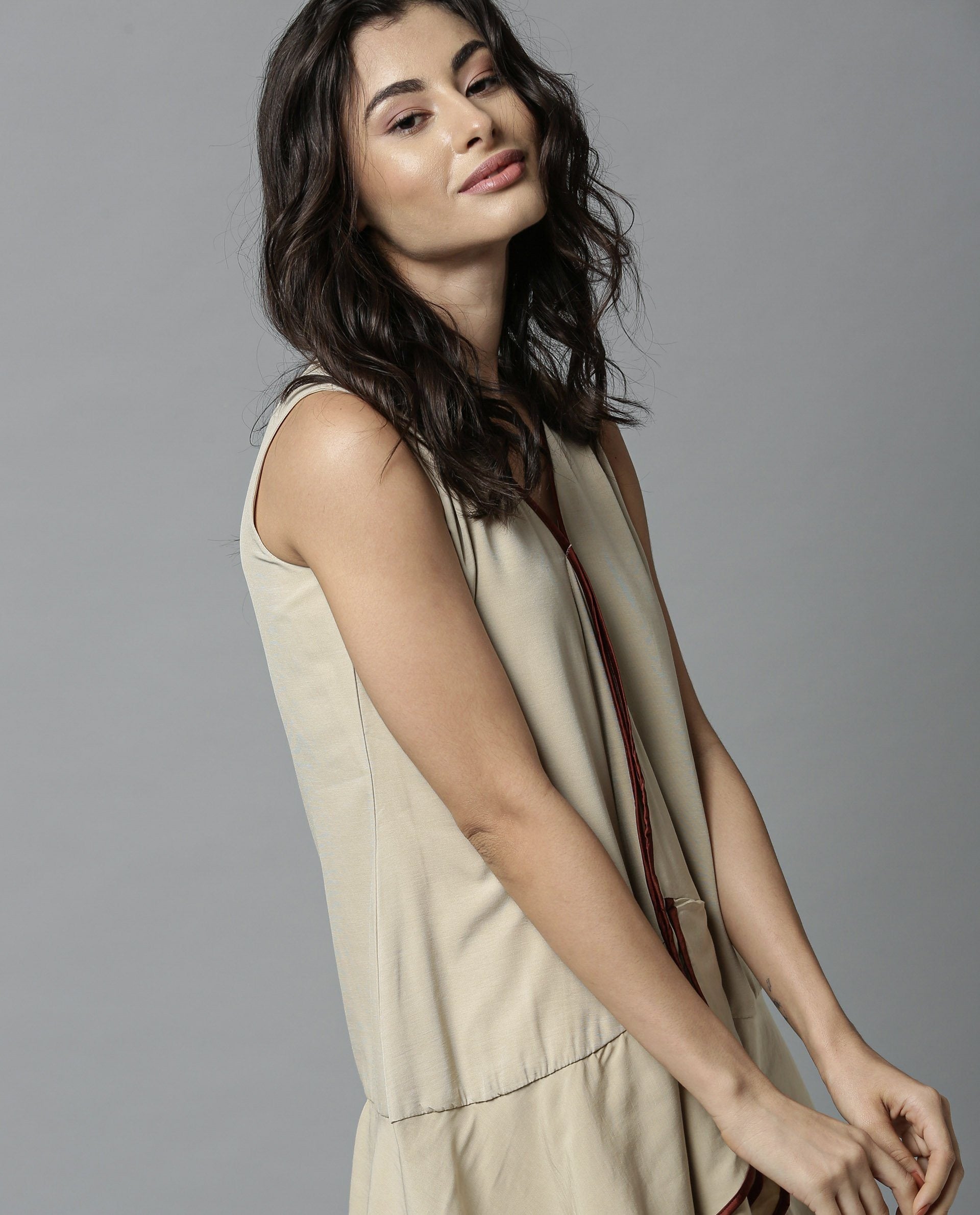 Rareism Women Edge Beige Dress Sleeveless