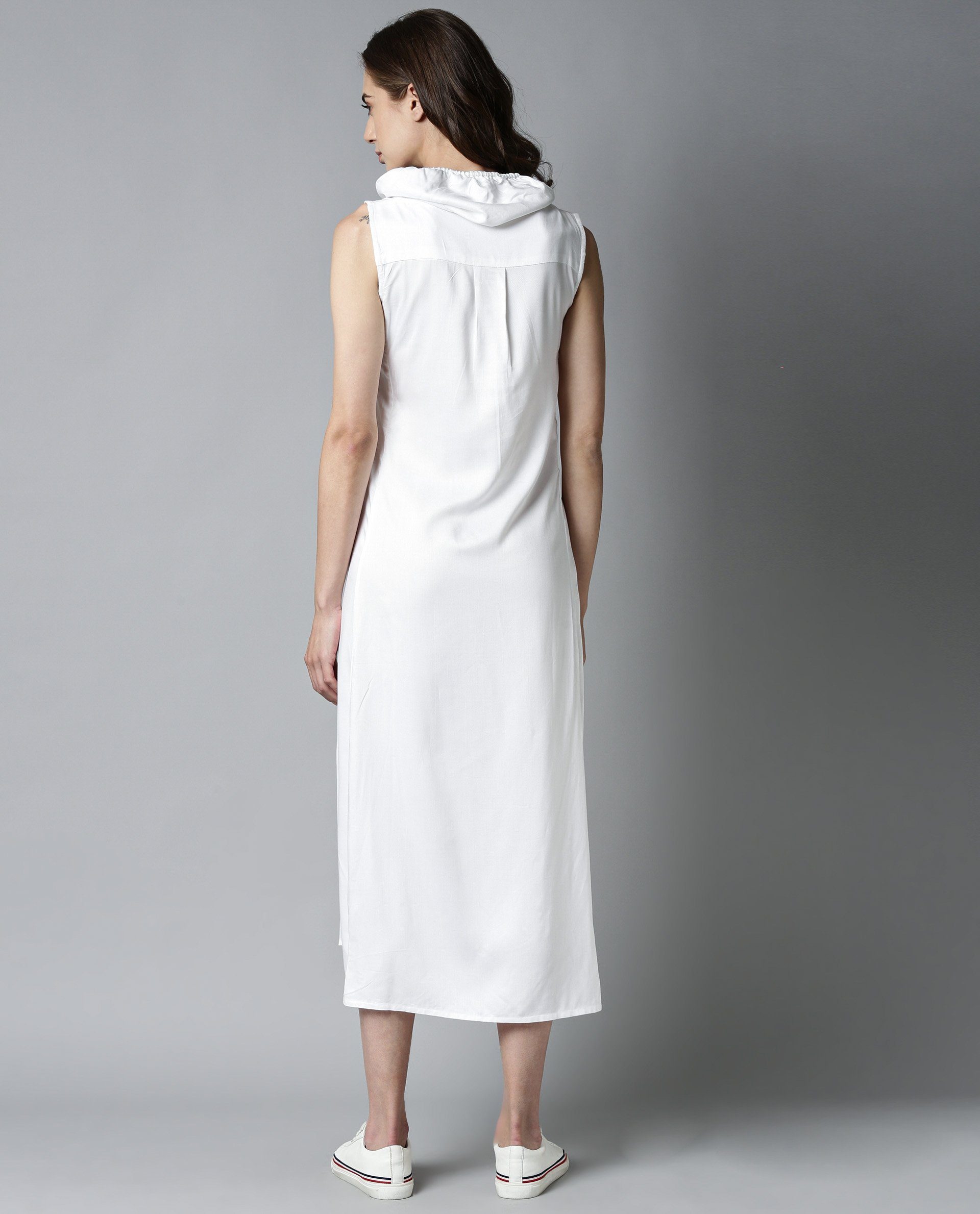 Rareism Womens Cruise White Dress Cotton Fabric Regular Fit Sleeveless Round Neck