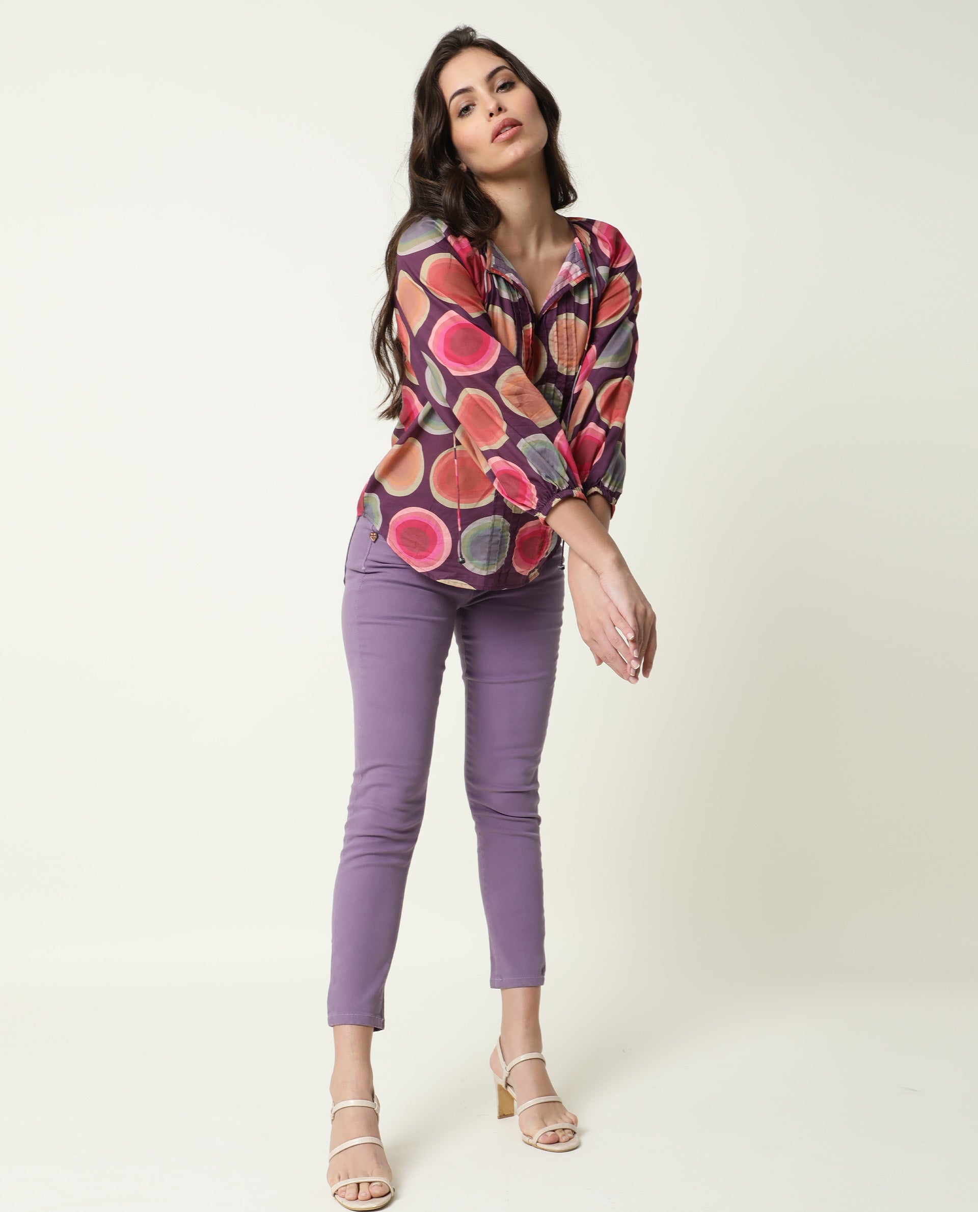 Rareism Women Orlie Purple Cotton Fabric Relaxed Fit Key Hole Neck 3/4Th Sleeves Geometric Print Top