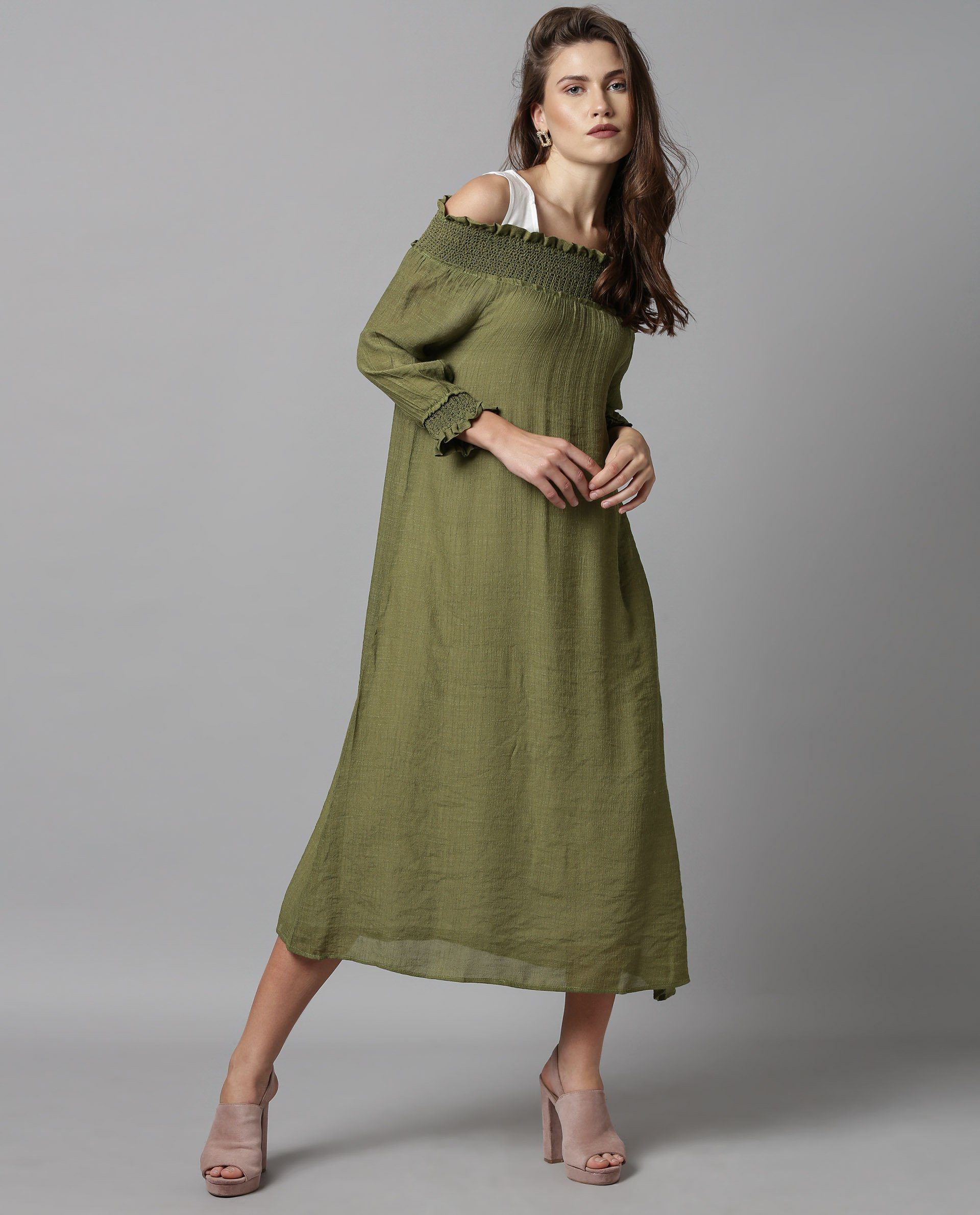 Rareism Women Amber Green Dress Short Sleeves