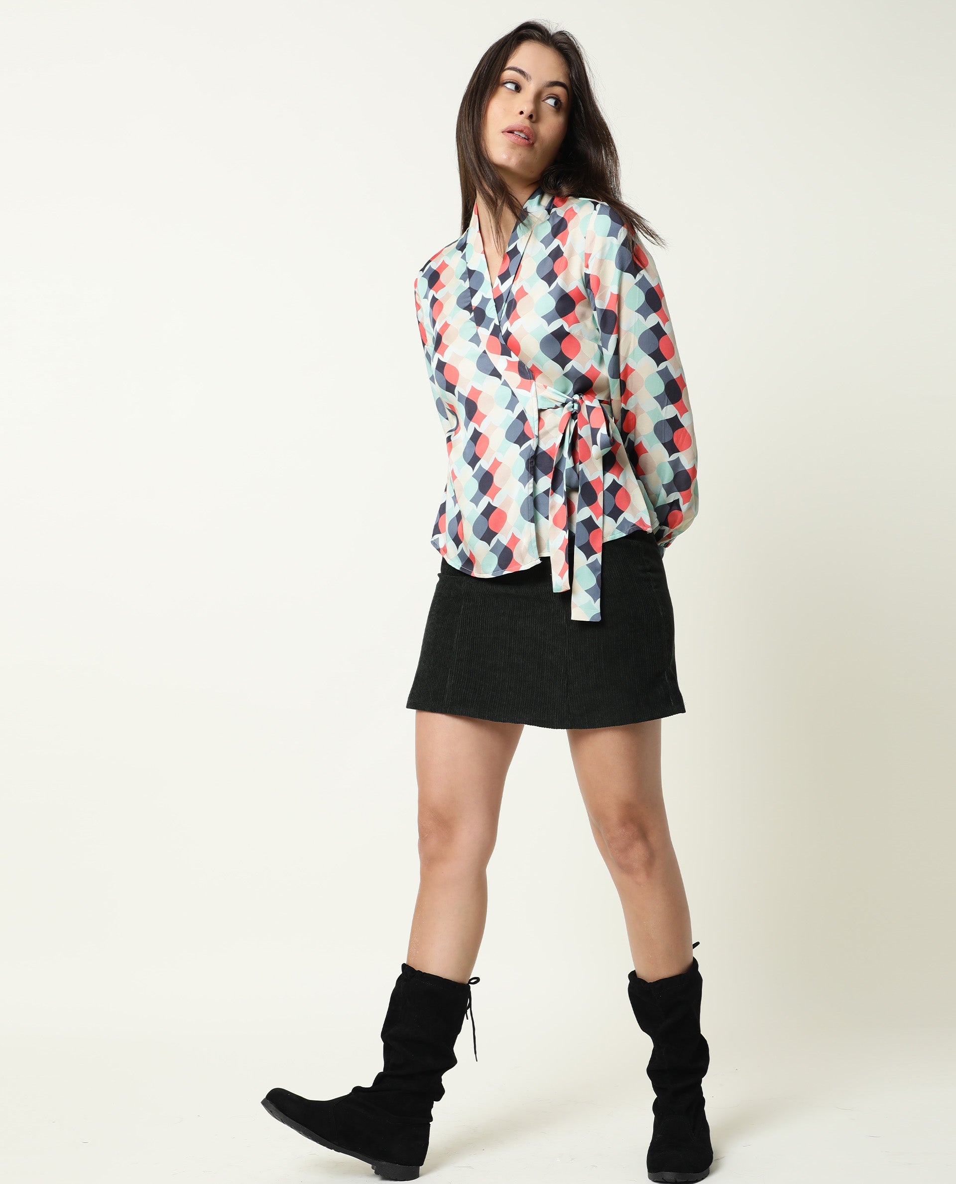 Rareism Womens Golf Multi Top Modal Satin Fabric  Full Sleeve V Neck