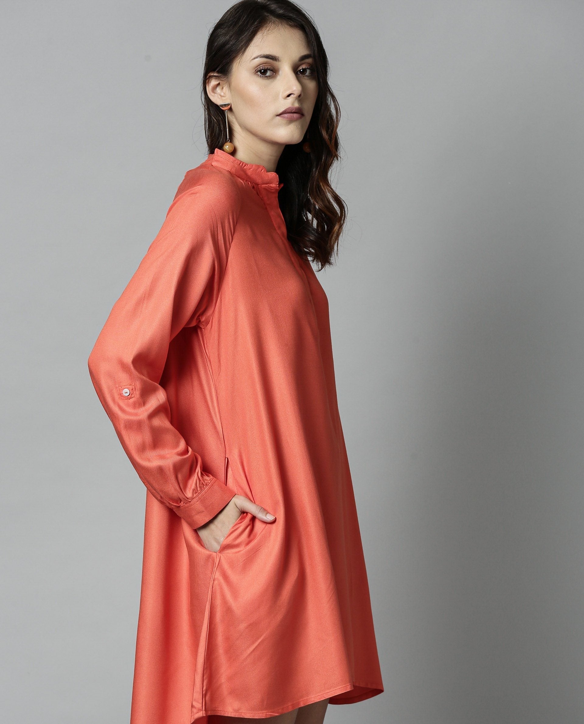 Rareism Women Salt Orange Dress Full Sleeves Solid