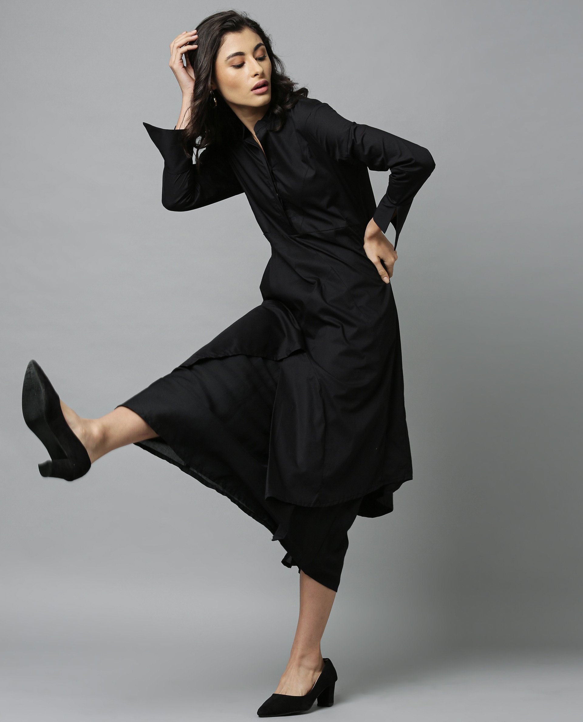 Rareism Women Petal Black Dress Full Sleeves