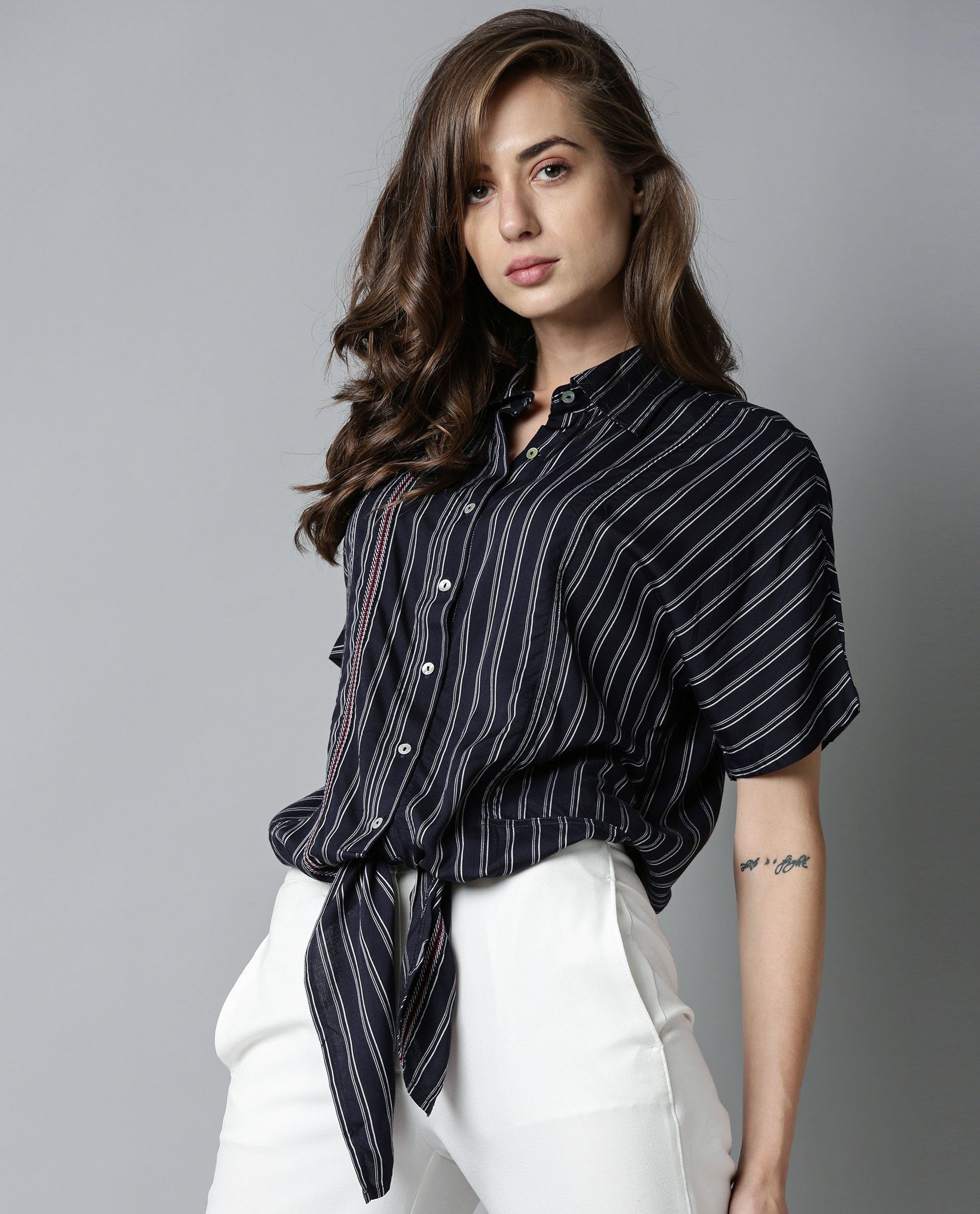 Rareism Womens Ciaga Navy Shirt Three Fourth Sleeve Band Collar