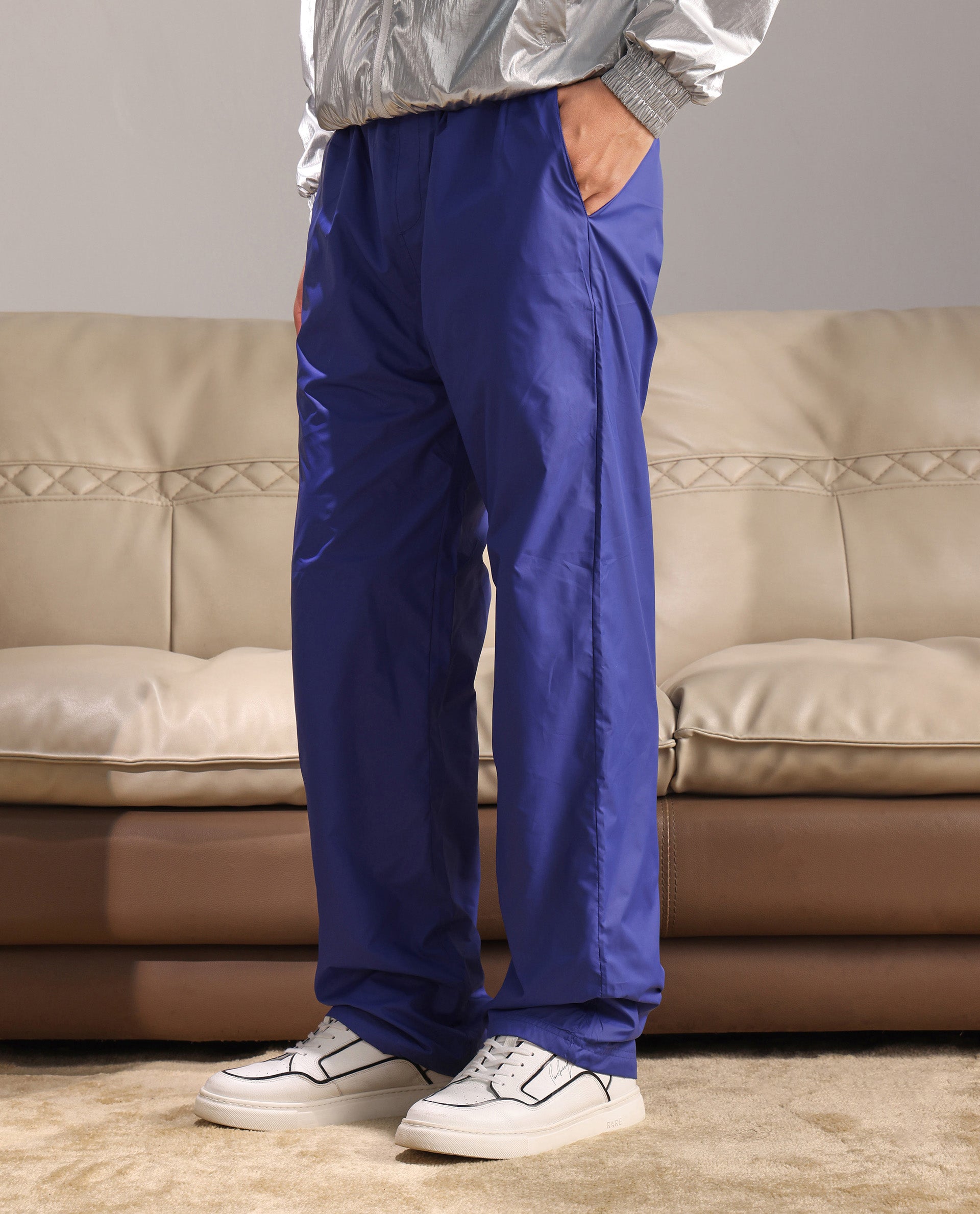 Rare Rabbit Men Albi-B Blue Nylon Fabric Elasticated Waistband with Drawstring Closure Plain Track Pant