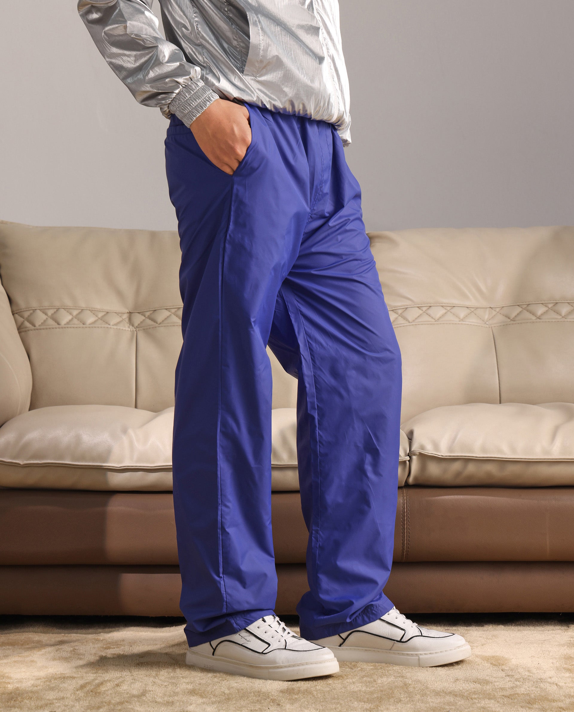 Rare Rabbit Men Albi-B Blue Nylon Fabric Elasticated Waistband with Drawstring Closure Plain Track Pant