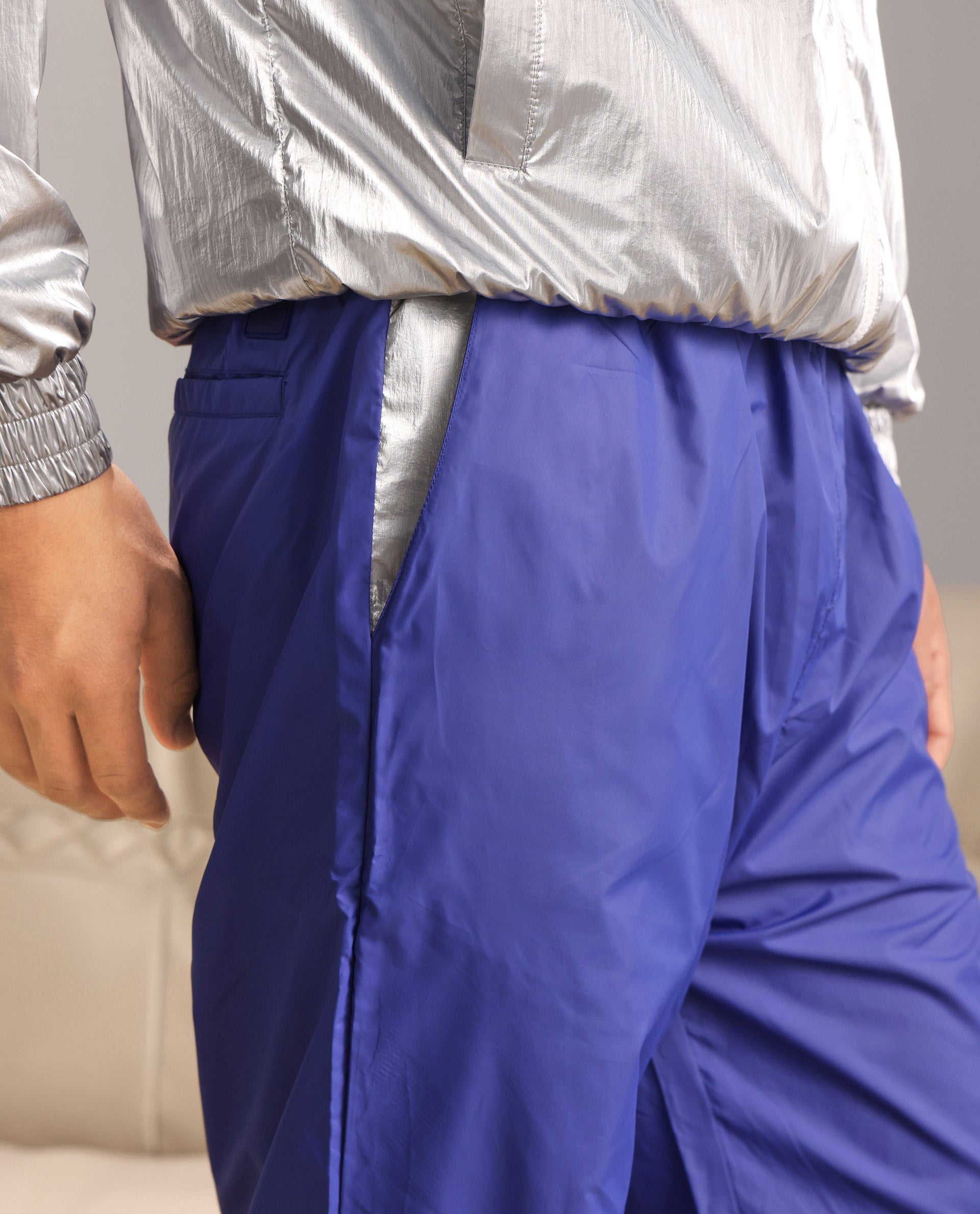 Rare Rabbit Men Albi-B Blue Nylon Fabric Elasticated Waistband with Drawstring Closure Plain Track Pant