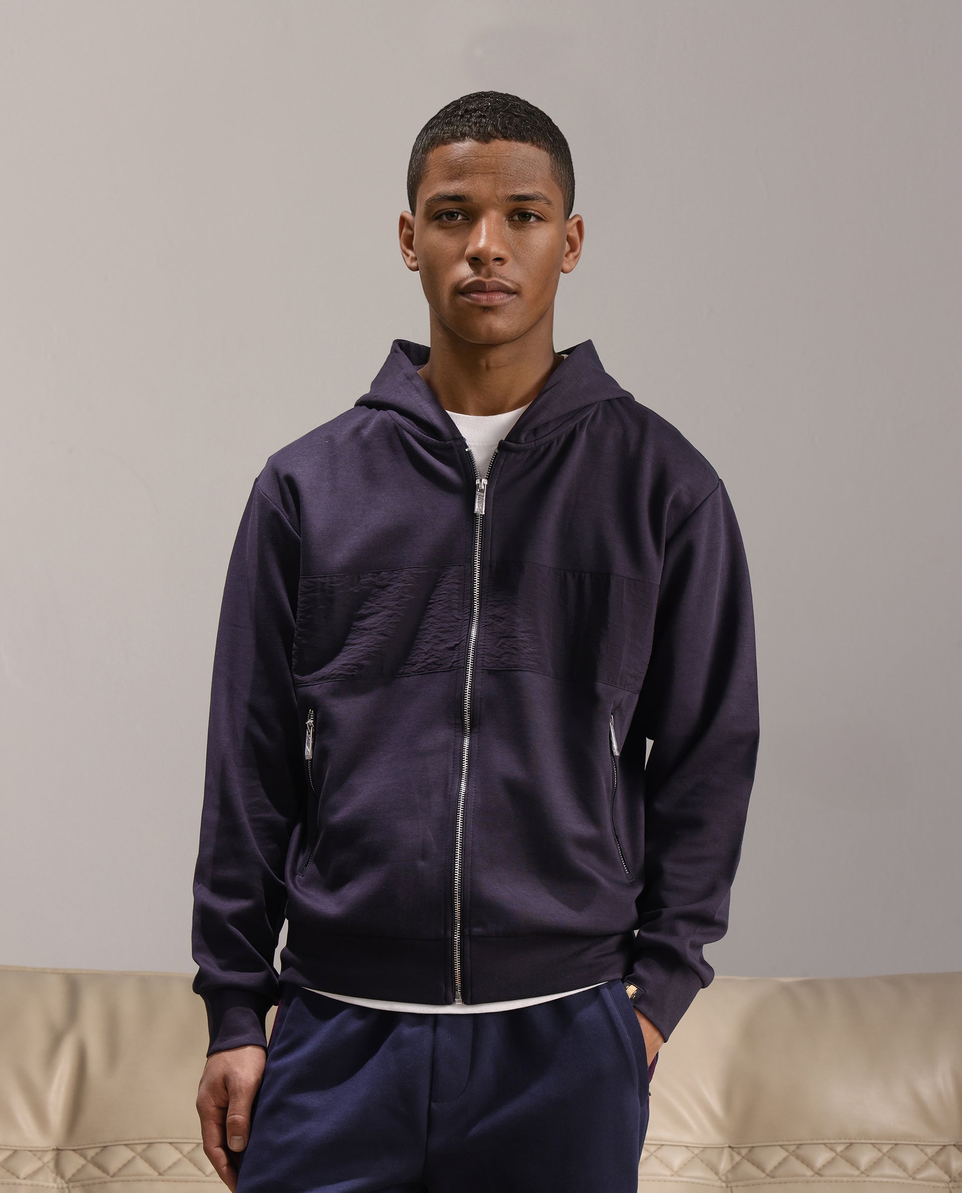 Rare Rabbit Men Monct Navy Nylon Fabric Full Sleeve Hooded Cut and Sew Sweatshirt