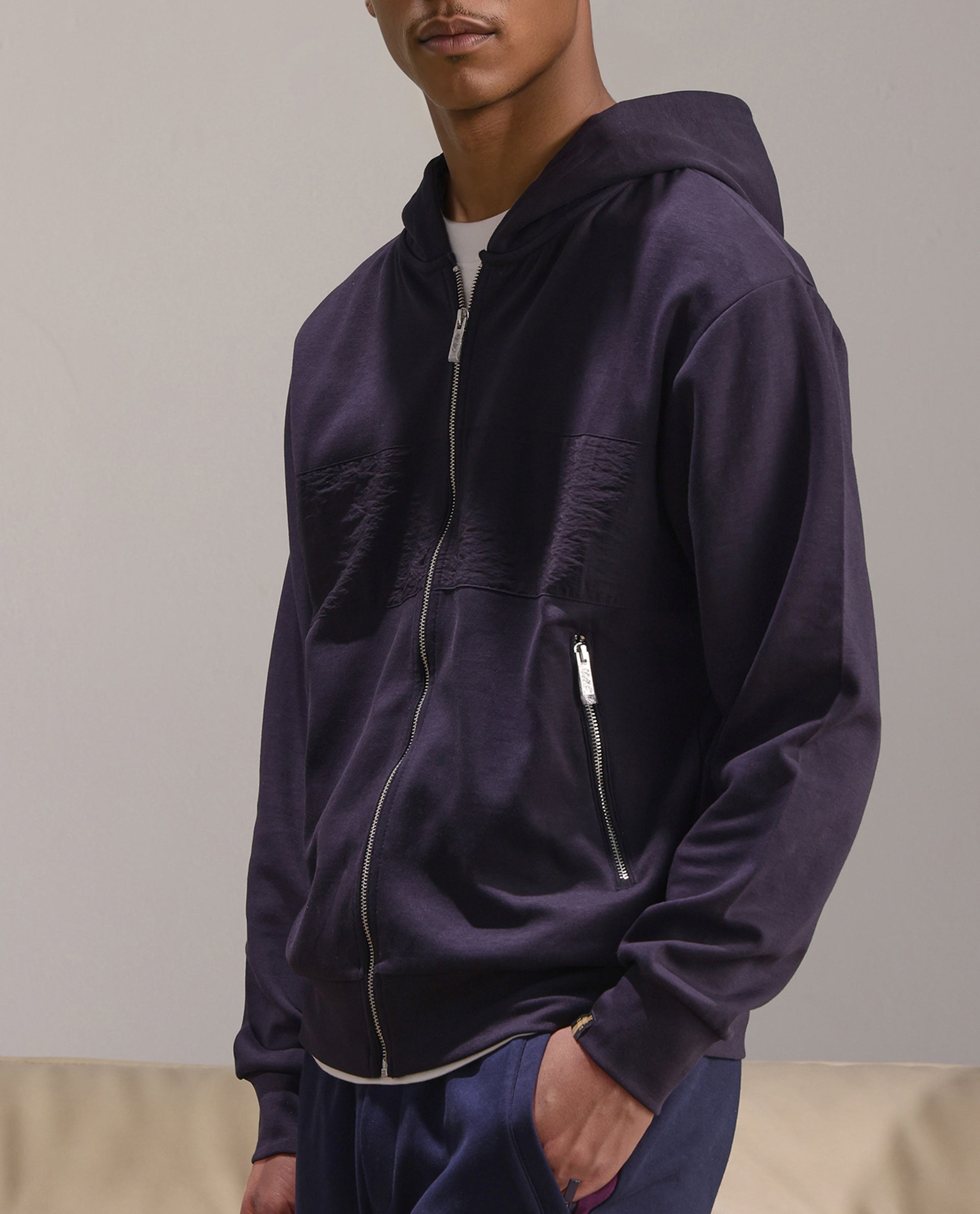 Rare Rabbit Men Monct Navy Nylon Fabric Full Sleeve Hooded Cut and Sew Sweatshirt