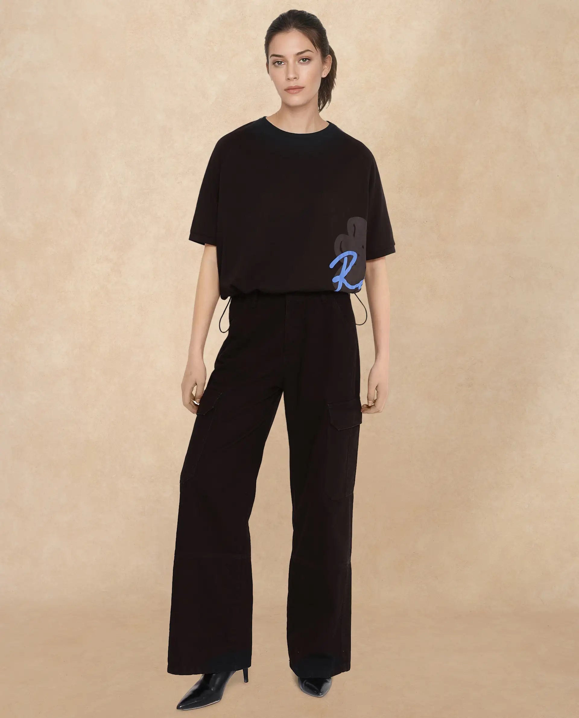 Rareism Women Marco Black Cotton Lycra Fabric Short Sleeve Crew Neck Graphic Print T-Shirt