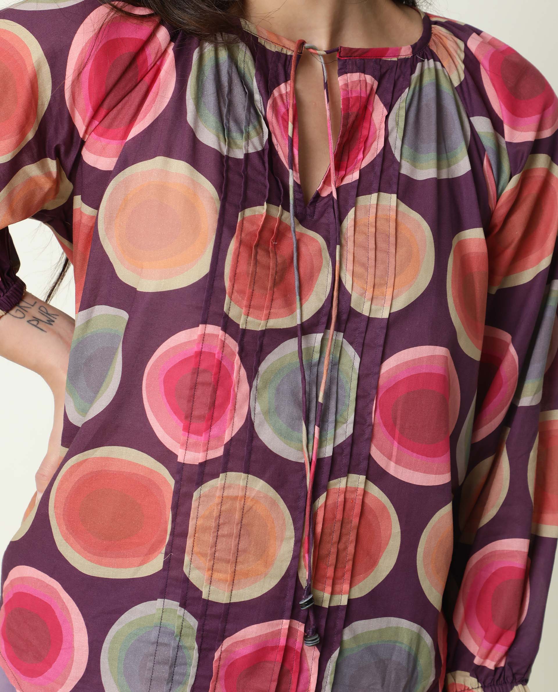 Rareism Women Orlie Purple Cotton Fabric Relaxed Fit Key Hole Neck 3/4Th Sleeves Geometric Print Top
