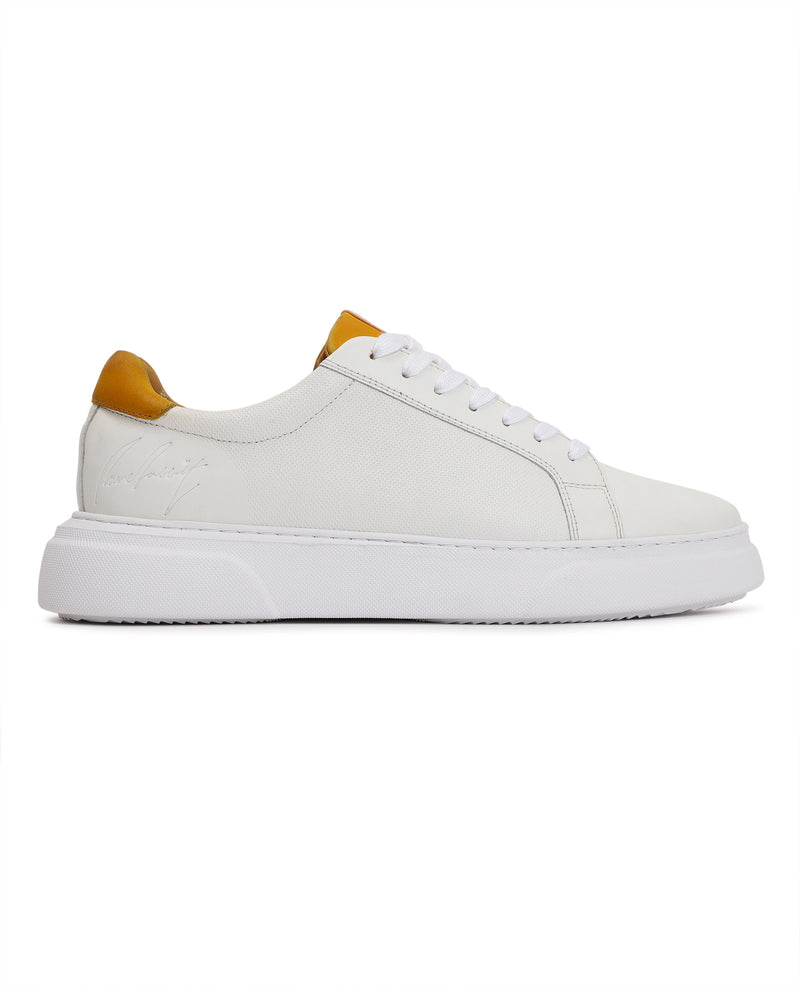 Rare Rabbit Men's Rowan White-Yellow Round-Toe Lace-Up Solid Sneakers Shoes