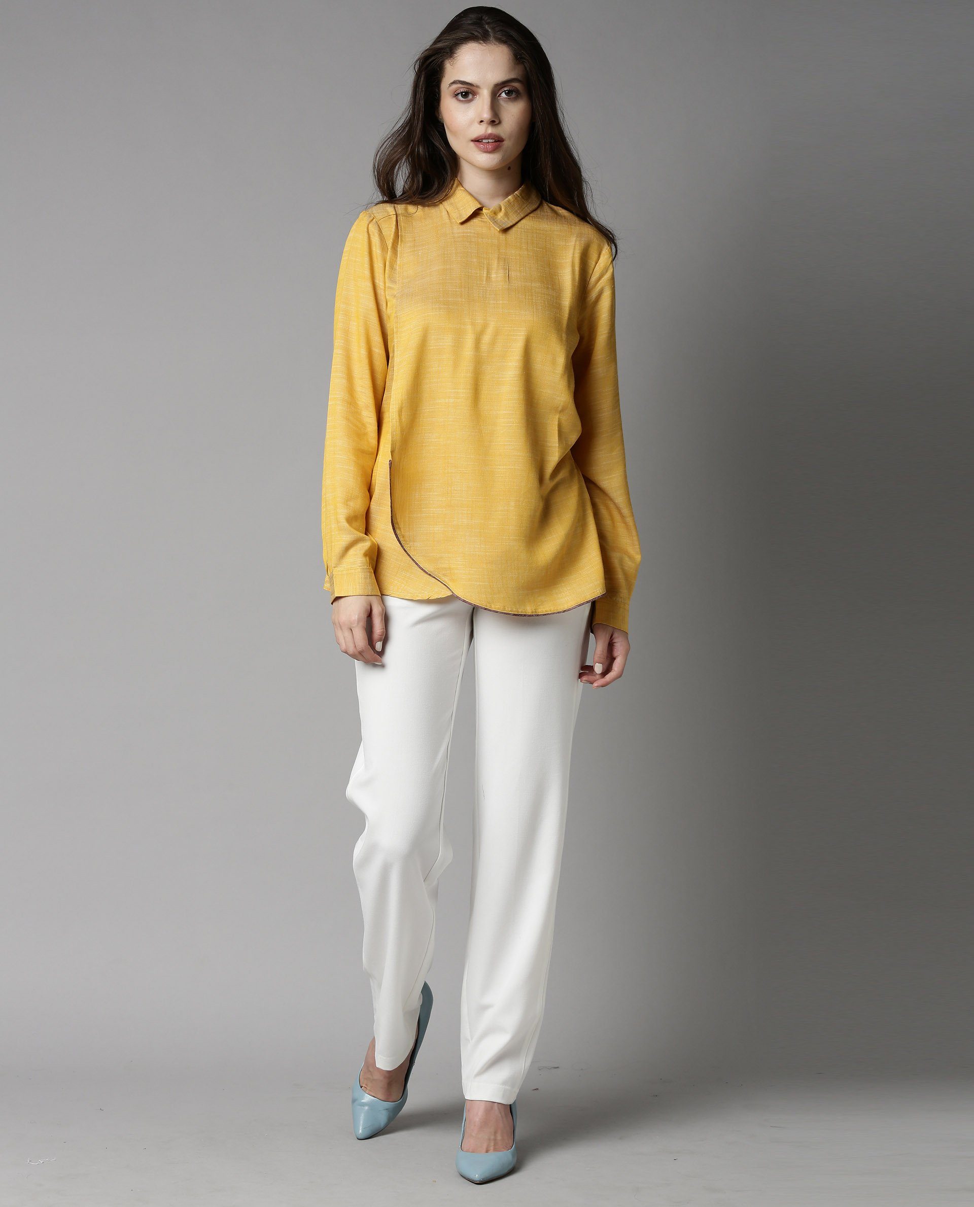 Rareism Womens Kara Yellow Top Polycotton Fabric Full Sleeves Collar Neck