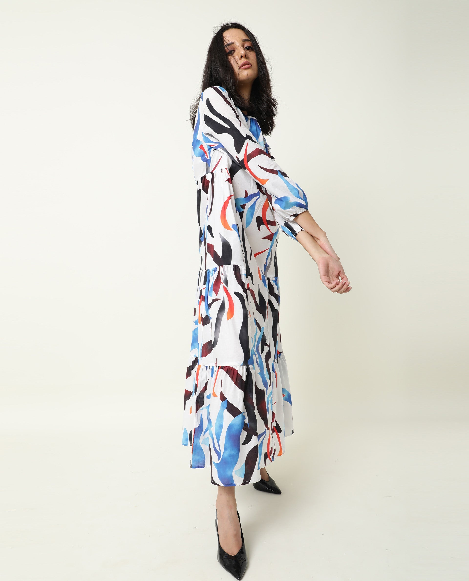 Rareism Women Europe White Abstract Boat Neck 3/4 Sleeves Tiered Maxi Dress
