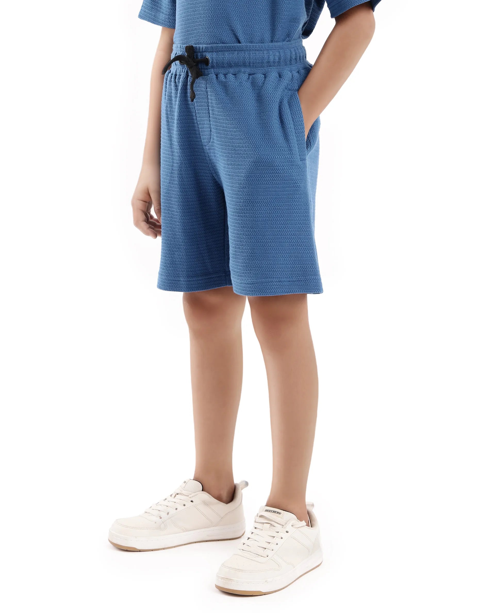 Rare Ones Kids Cole Teal Cotton Solid Drawstring Closure Textured Shorts