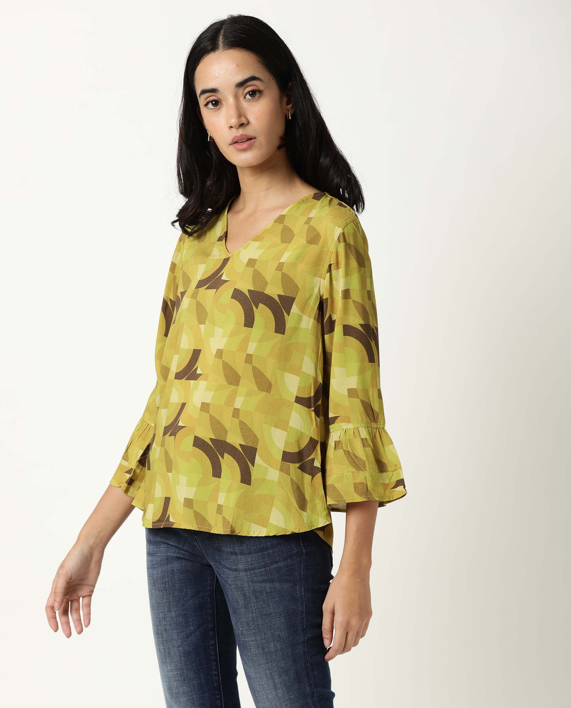 Rareism Womens Flex Green Top Regular Fit Balloon Sleeve V Neck