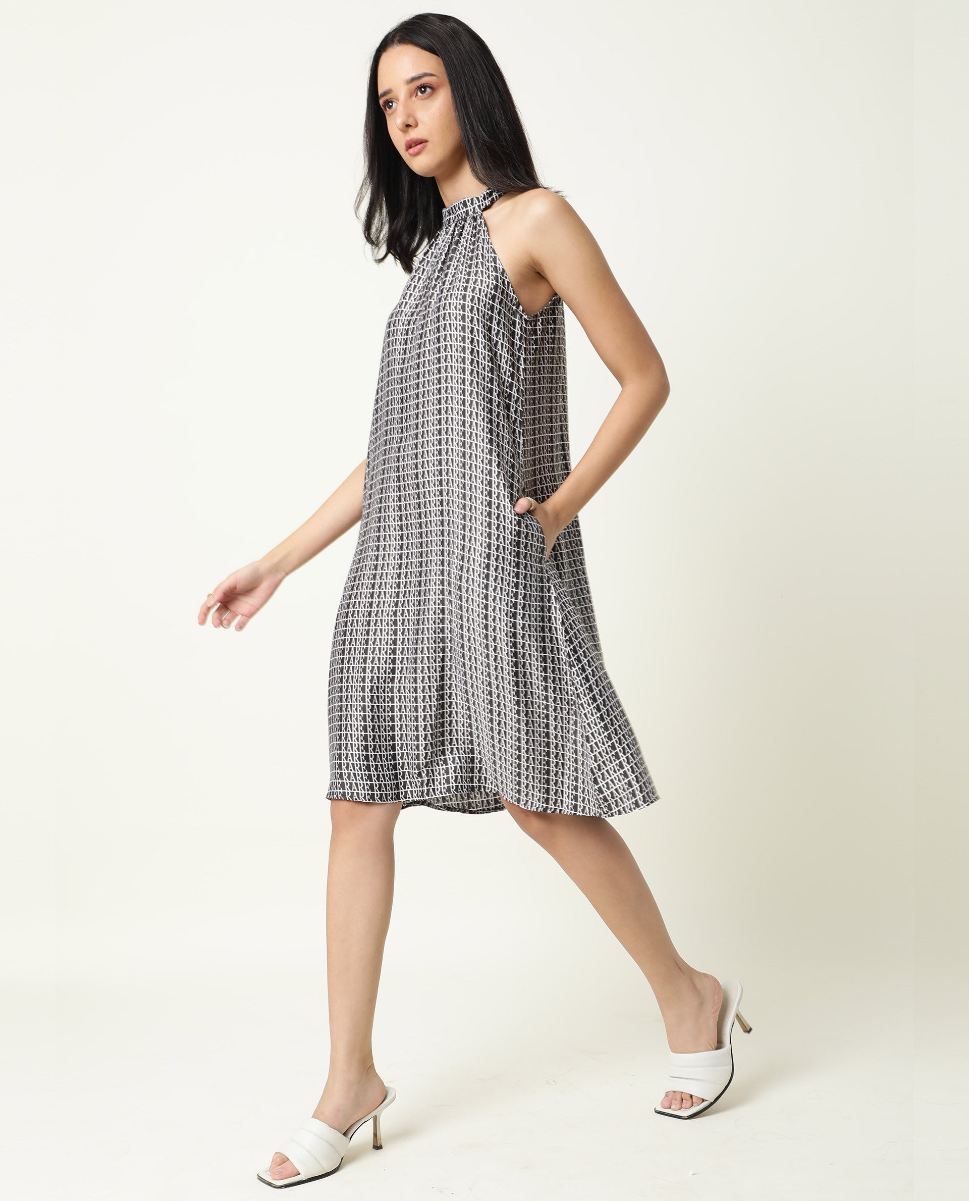 Rareism Women Renata Black Halter Neck With Tie Up Back And Pockets Knee Length Dress