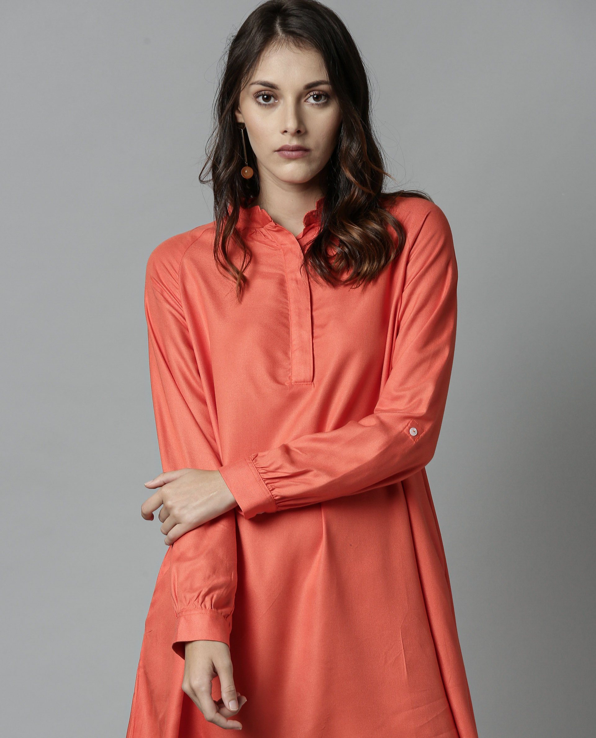 Rareism Women Salt Orange Dress Full Sleeves Solid