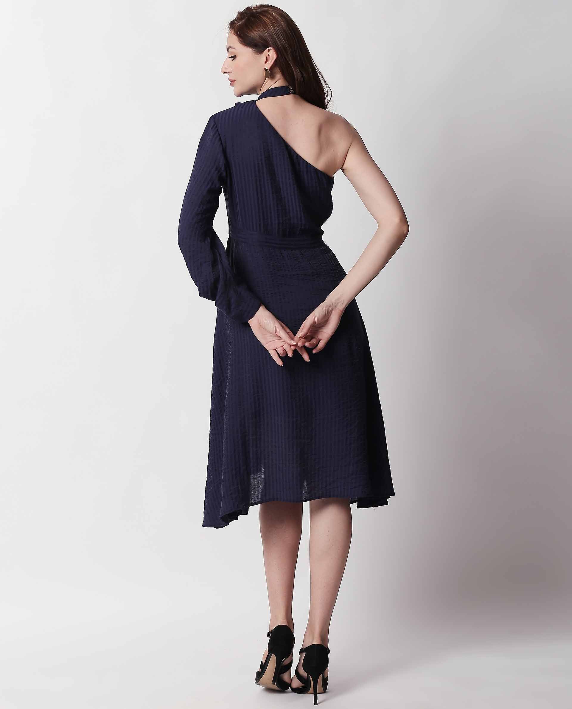 Rareism Women Carnival Navy One Shoulder Full Sleeve With Fabric Waist Belt Flared Knee Length Dress