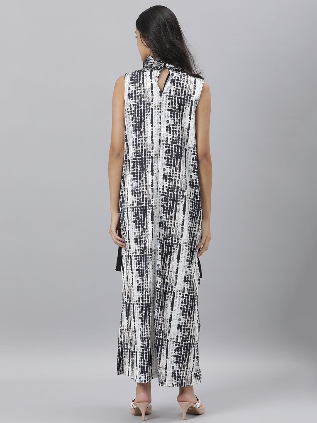 Rareism Women Pash Black Abstract Print High Neck Ruffled Collar Sleeveless With Full Side Slit Maxi Dress