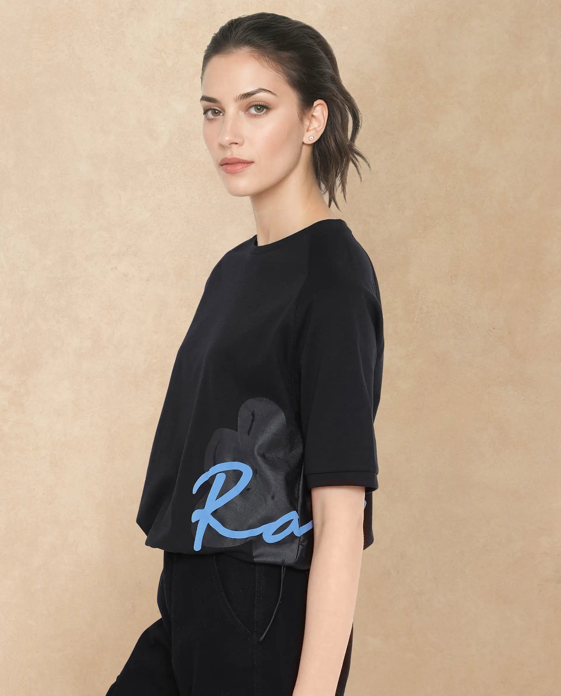 Rareism Women Marco Black Cotton Lycra Fabric Short Sleeve Crew Neck Graphic Print T-Shirt