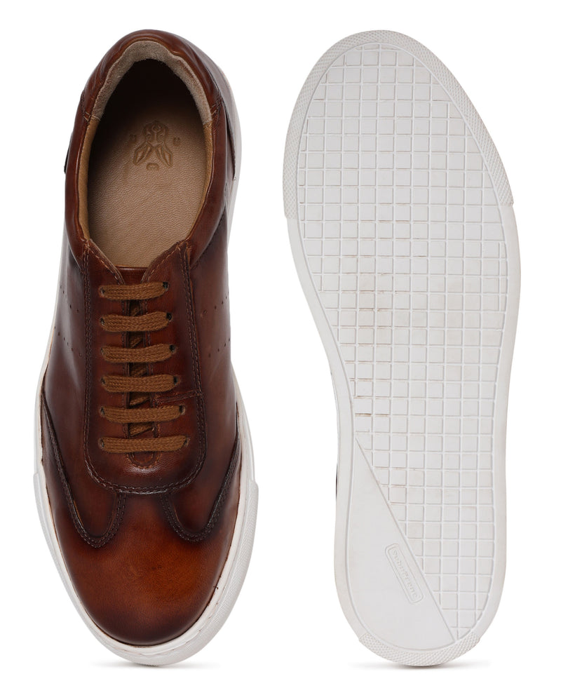 Rare Rabbit Men's Sterre Tan Oxford Style Hand Painted Smart Casual Leather Sneakers Shoes
