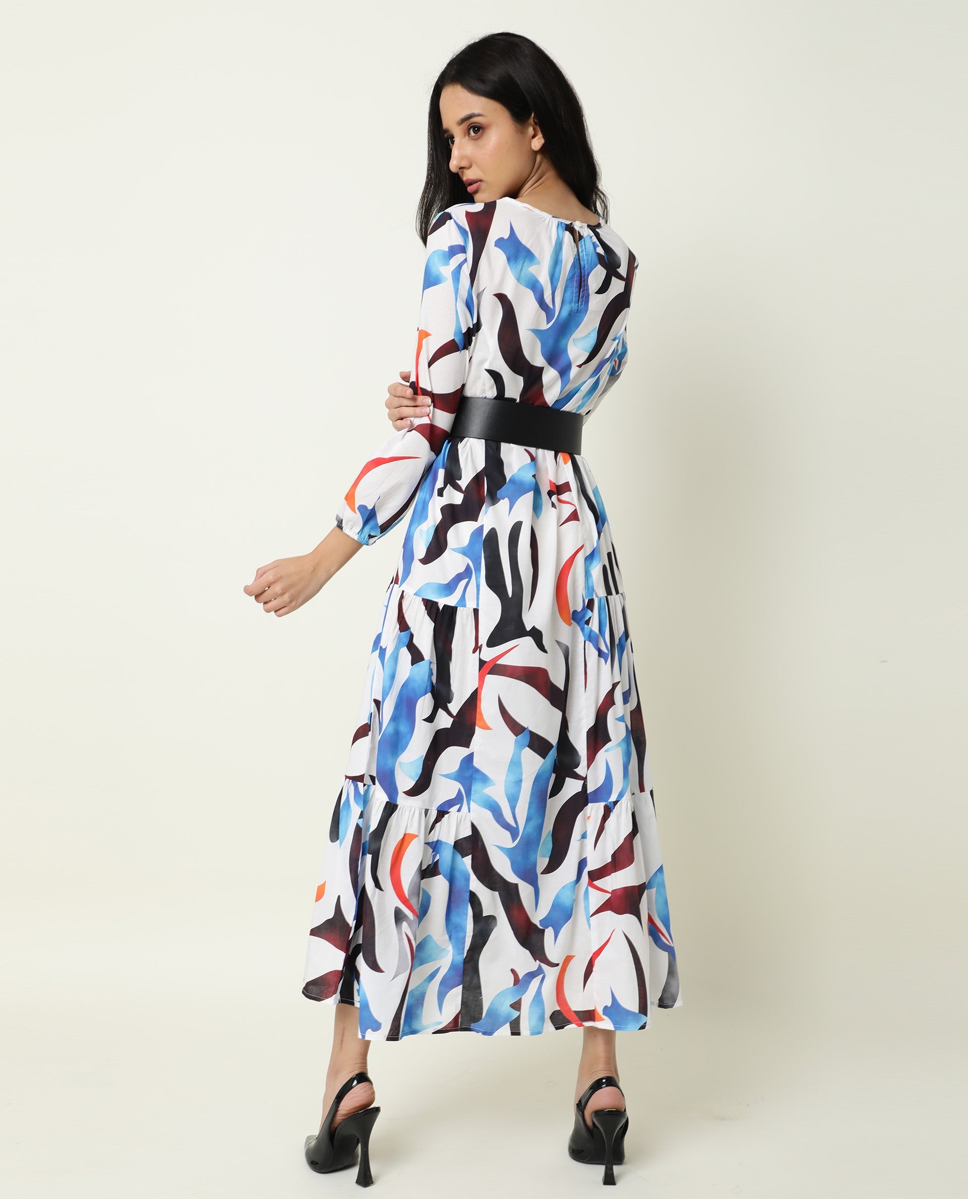Rareism Women Europe White Abstract Boat Neck 3/4 Sleeves Tiered Maxi Dress
